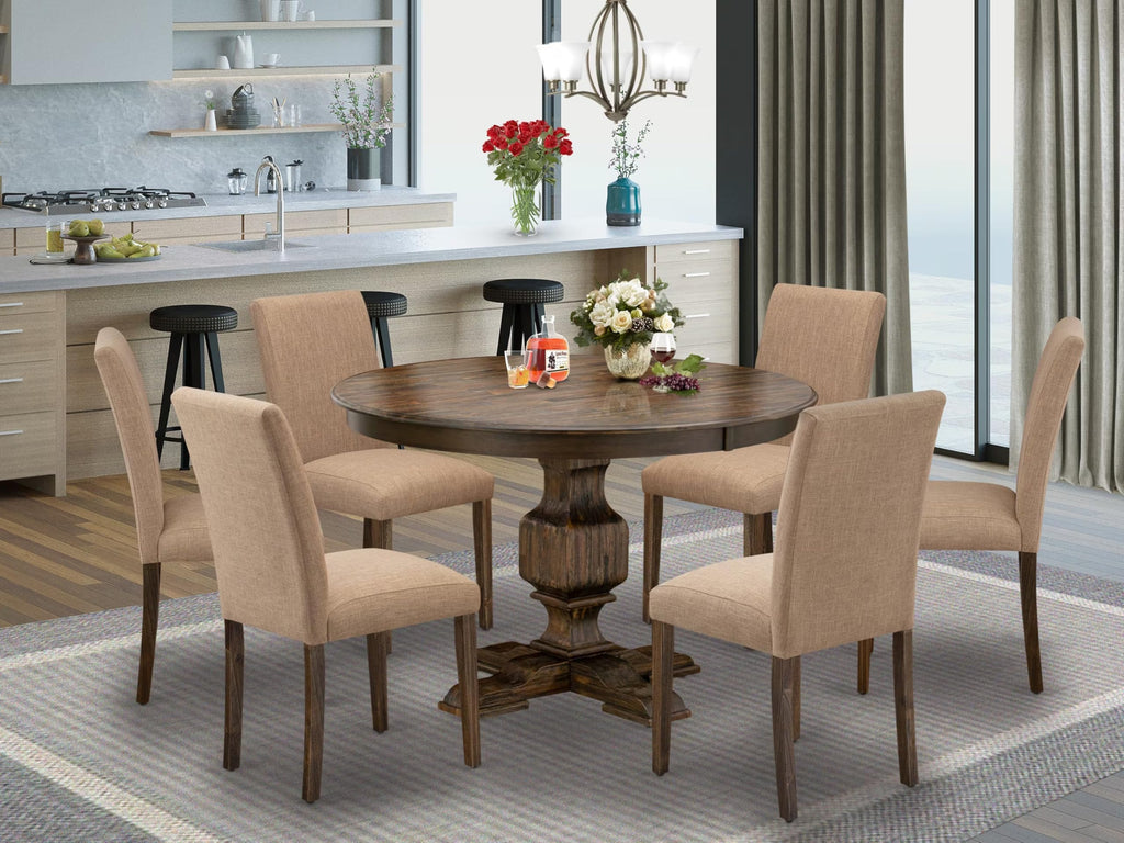 East West Furniture F3AB7-747 7 Piece Modern Dining Table Set Consist of a Round Wooden Table with Pedestal and 6 Light Sable Linen Fabric Parsons Dining Chairs, 48x48 Inch, Distressed Jacobean