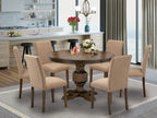 East West Furniture F3AB7-747 7 Piece Modern Dining Table Set Consist of a Round Wooden Table with Pedestal and 6 Light Sable Linen Fabric Parsons Dining Chairs, 48x48 Inch, Distressed Jacobean