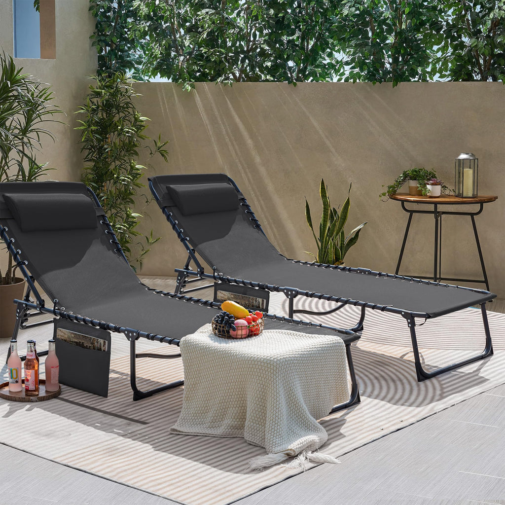 Flamaker Foldable Chaise Lounge Chair 5-Position Adjustable, Tanning Chair With Side Pocket, Outdoor Sunbathing For Pool, Beach, Patio, Lawn, Indoor Recliner Chair For Napping(Grey, 1 Pcs)
