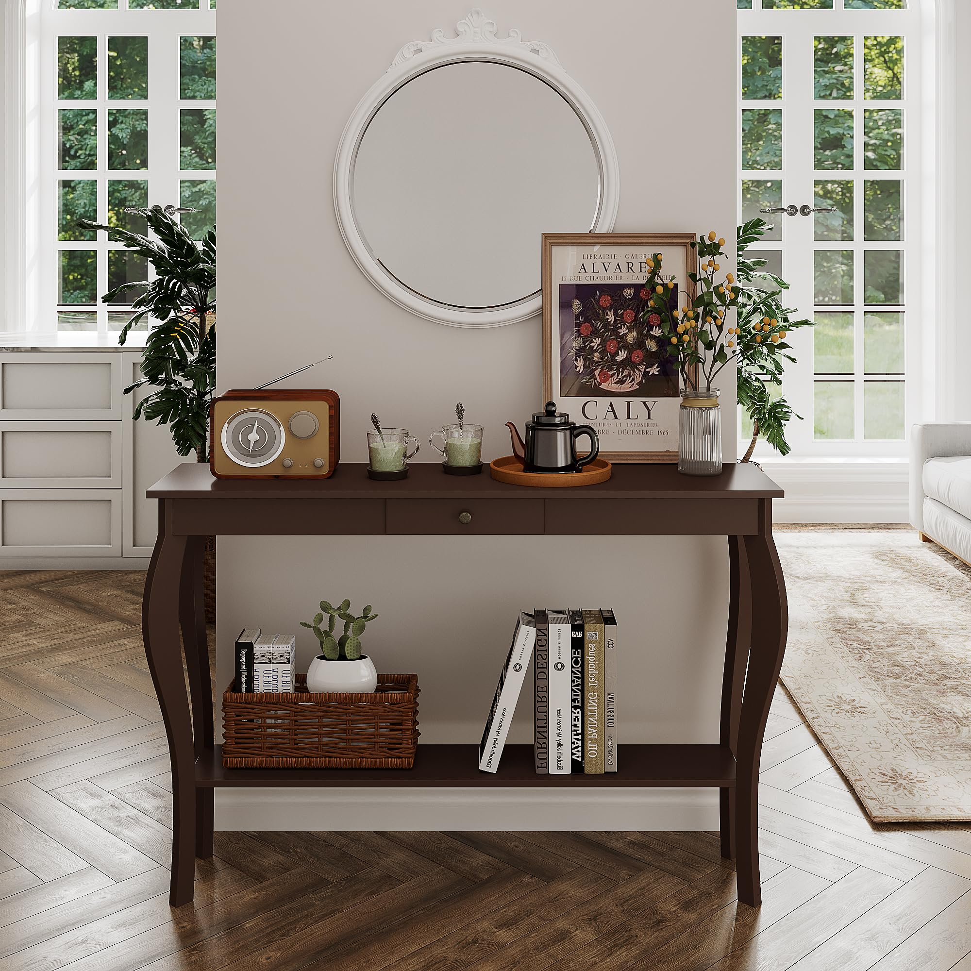 Choochoo 47 Inch Narrow Console Table With Drawer, Chic Accent Sofa Entryway Table With Shelves For Entryway, Living Room, Hallway, Espresso
