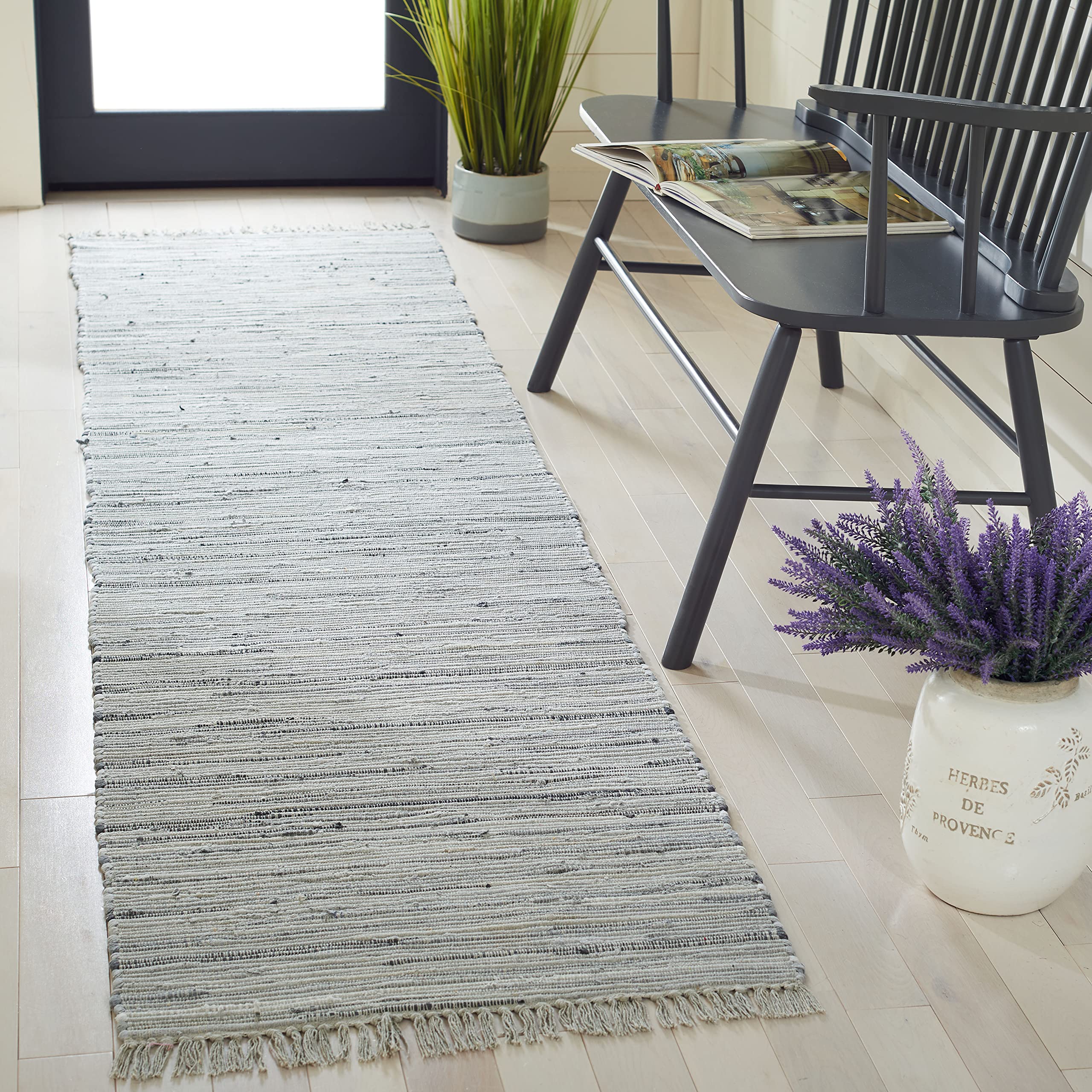 SAFAVIEH Rag Rug Collection Runner Rug - 23 x 9, Grey, Handmade Boho Stripe Cotton, Ideal for High Traffic Areas in Living Roo