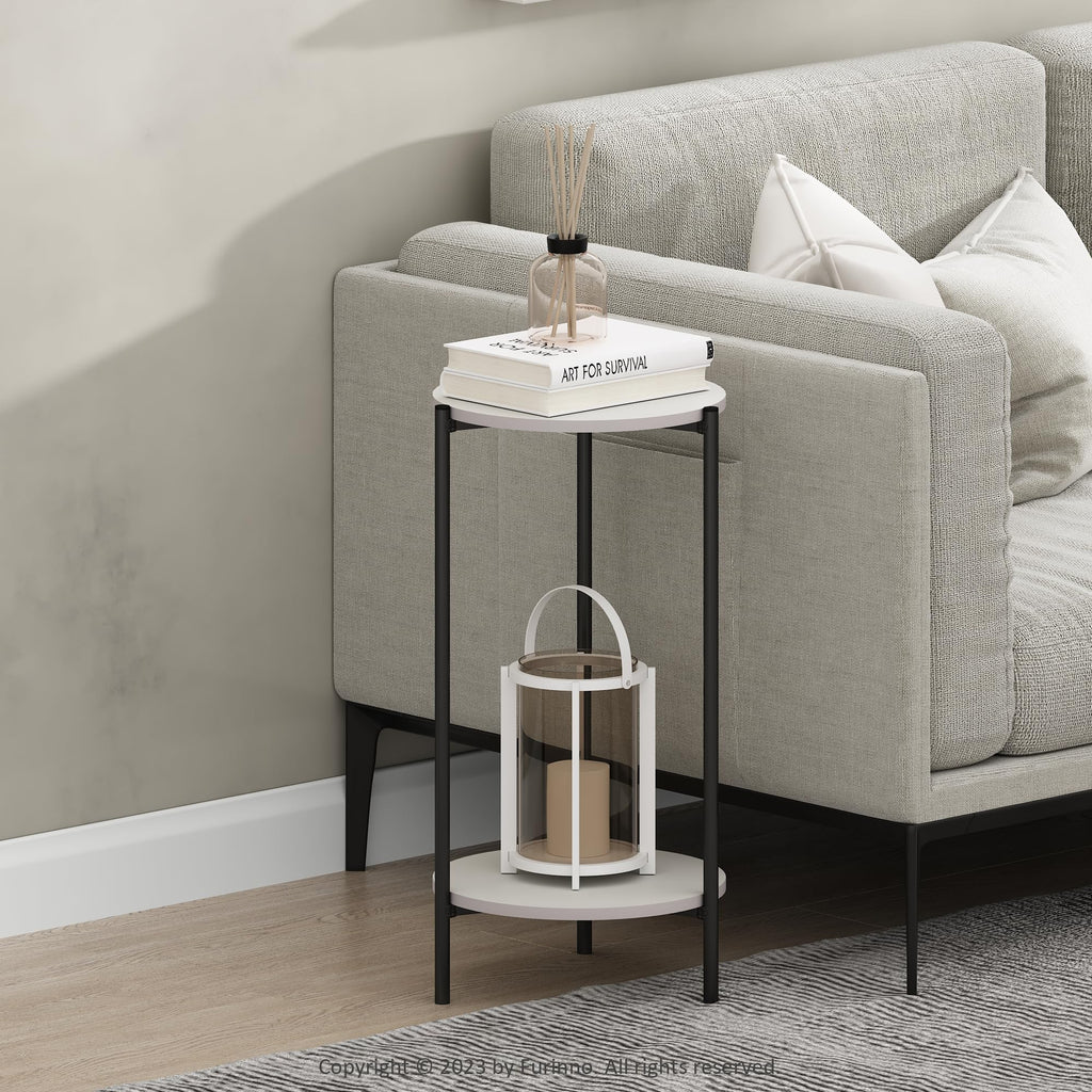 Furinno Besi 2-Tier Modern Tall Round Side End Table with Sturdy Metal Legs, Set of 2, White/Black