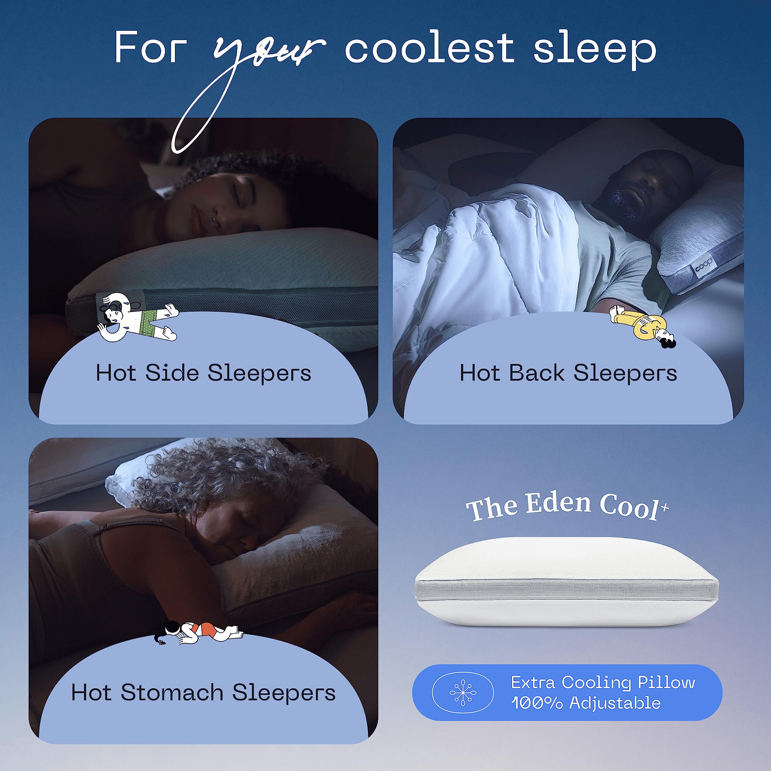 Coop Home Goods Eden Cool+ Adjustable Pillow, King Size Plus Shaped Memory Foam Pillows With Cooling Gel, Back, Neck Support, St