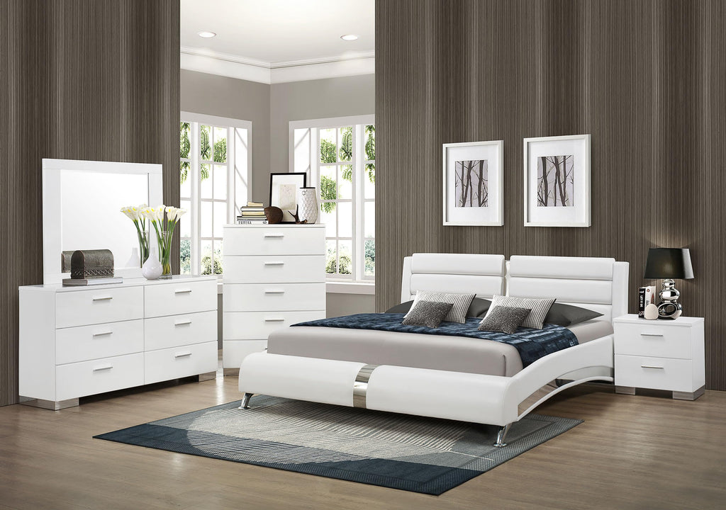 Coaster Home Furnishings Jeremaine Contemporary 5-Piece Bedroom Set Leatherette Upholstered California King Size Sleigh Bed Frame 40-inch Headboard White 300345KW-S5