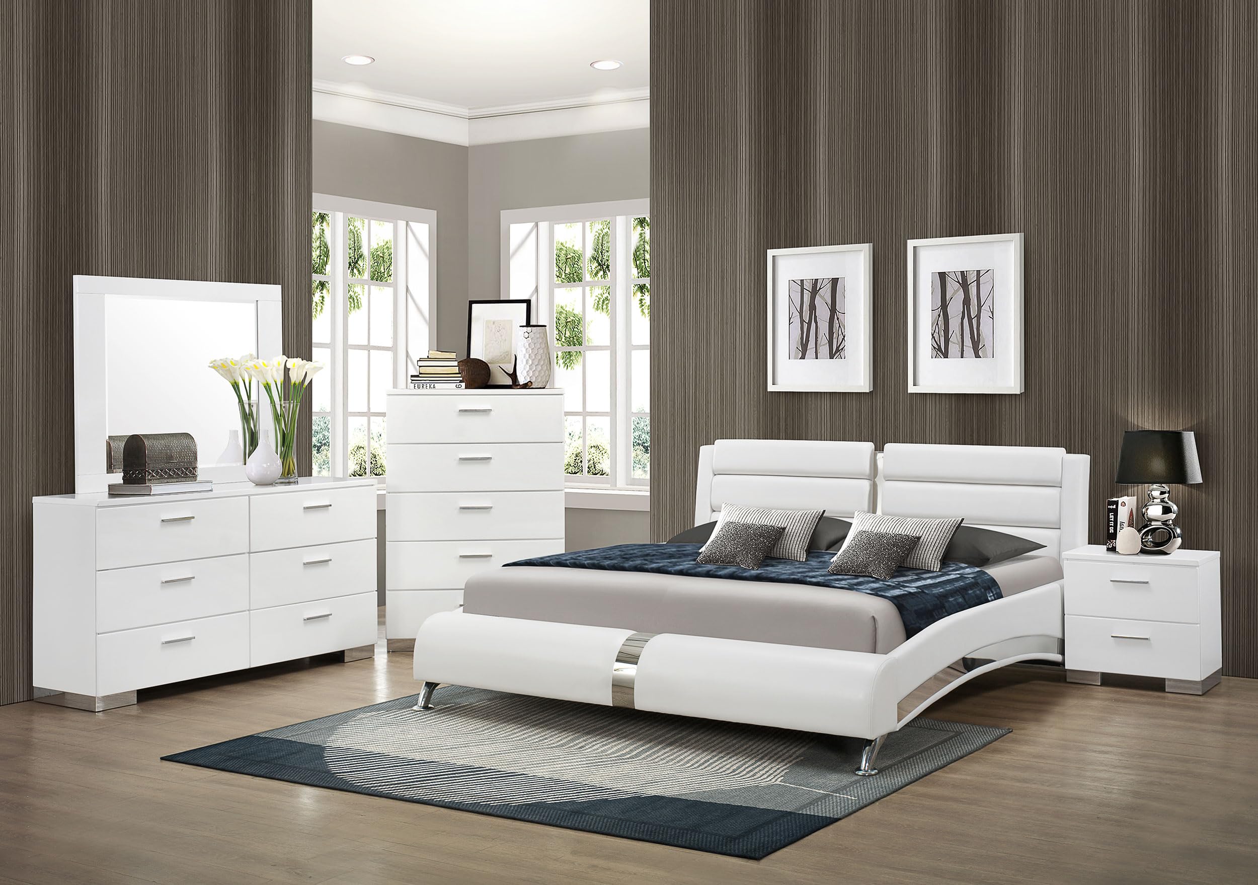 Coaster Home Furnishings Jeremaine Contemporary 5-Piece Bedroom Set Leatherette Upholstered California King Size Sleigh Bed Frame 40-inch Headboard White 300345KW-S5