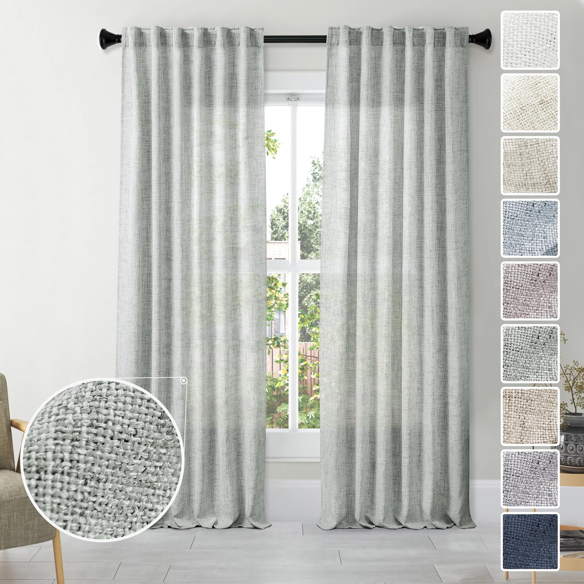 Meetbily 108 Inches Long Greyish Green Linen Textured Semi Sheer Curtains 2 Panels Set, Neutral Back Tab Drapes For Large Window