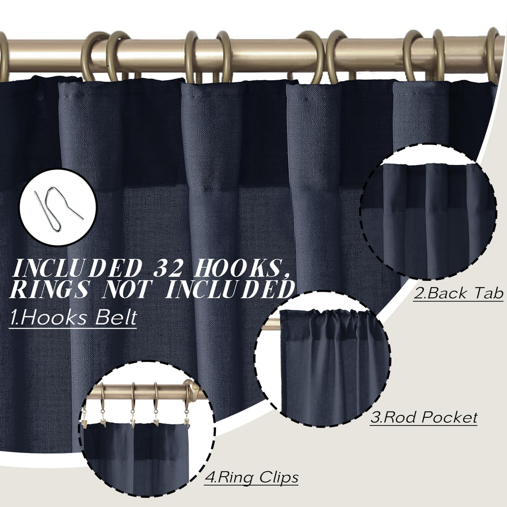 Panelsburg Navy Blue Curtains 84 Inch Length 2 Panels Set,Back Tab Hooks Belt Boho Farmhouse Light Filtering Semi Sheer Linen Ki