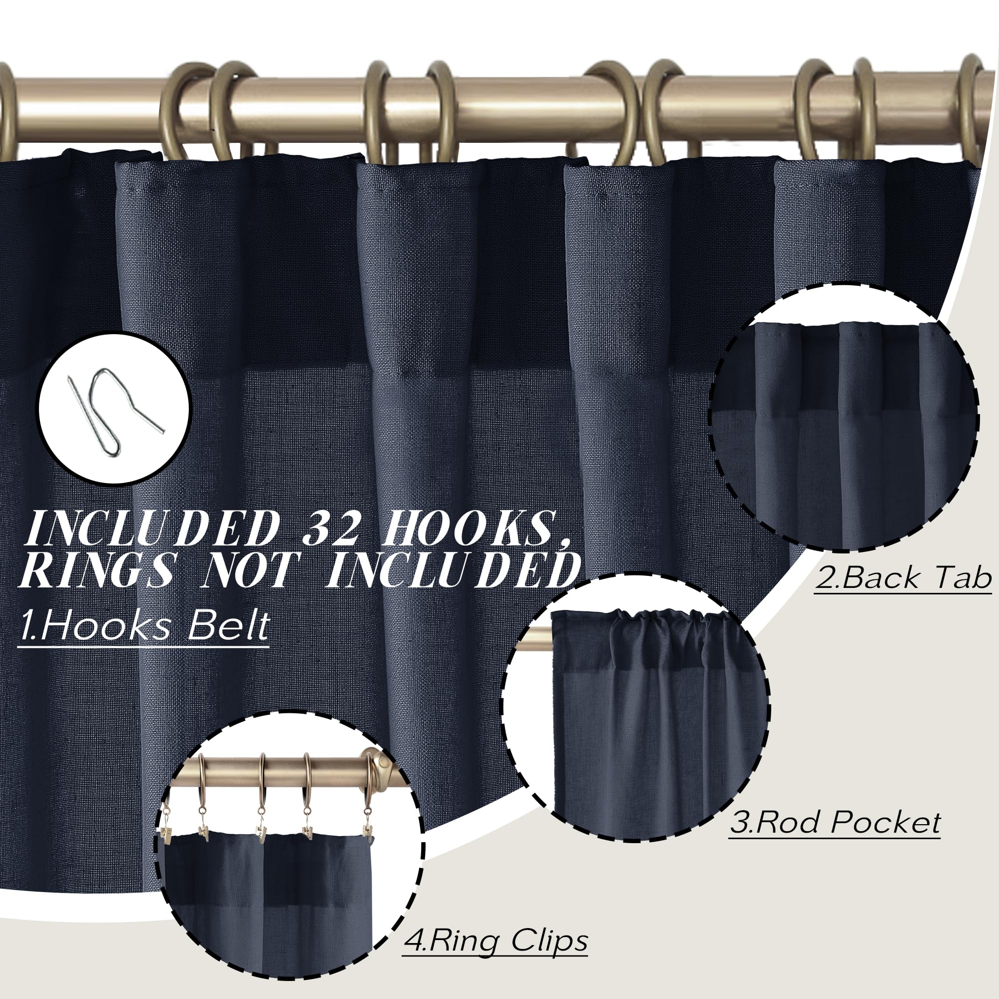 Panelsburg Navy Blue Curtains 84 Inch Length 2 Panels Set,Back Tab Hooks Belt Boho Farmhouse Light Filtering Semi Sheer Linen Ki