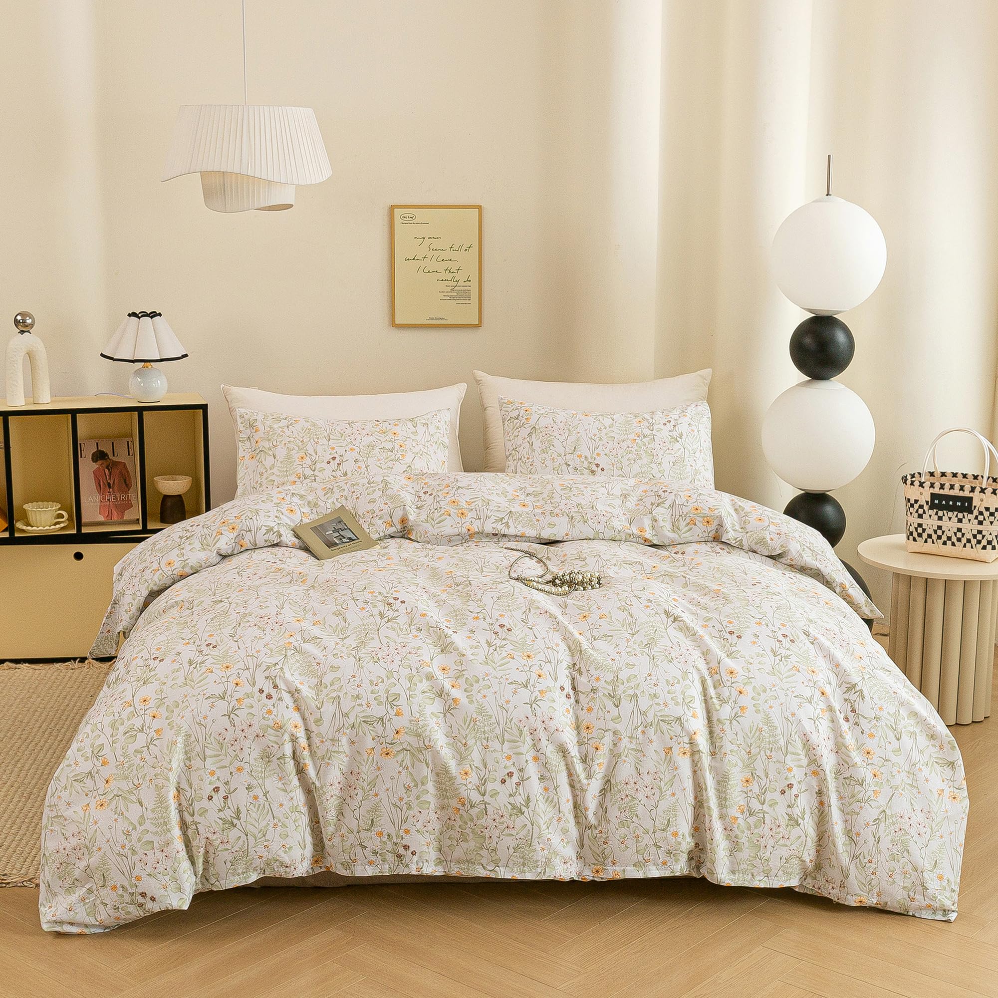 ECOCOTT Floral Duvet Cover Queen Size -100% Washed Cotton Chic Cute Floral Pattern Bedding Set, Fresh Garden Botanical Comforter