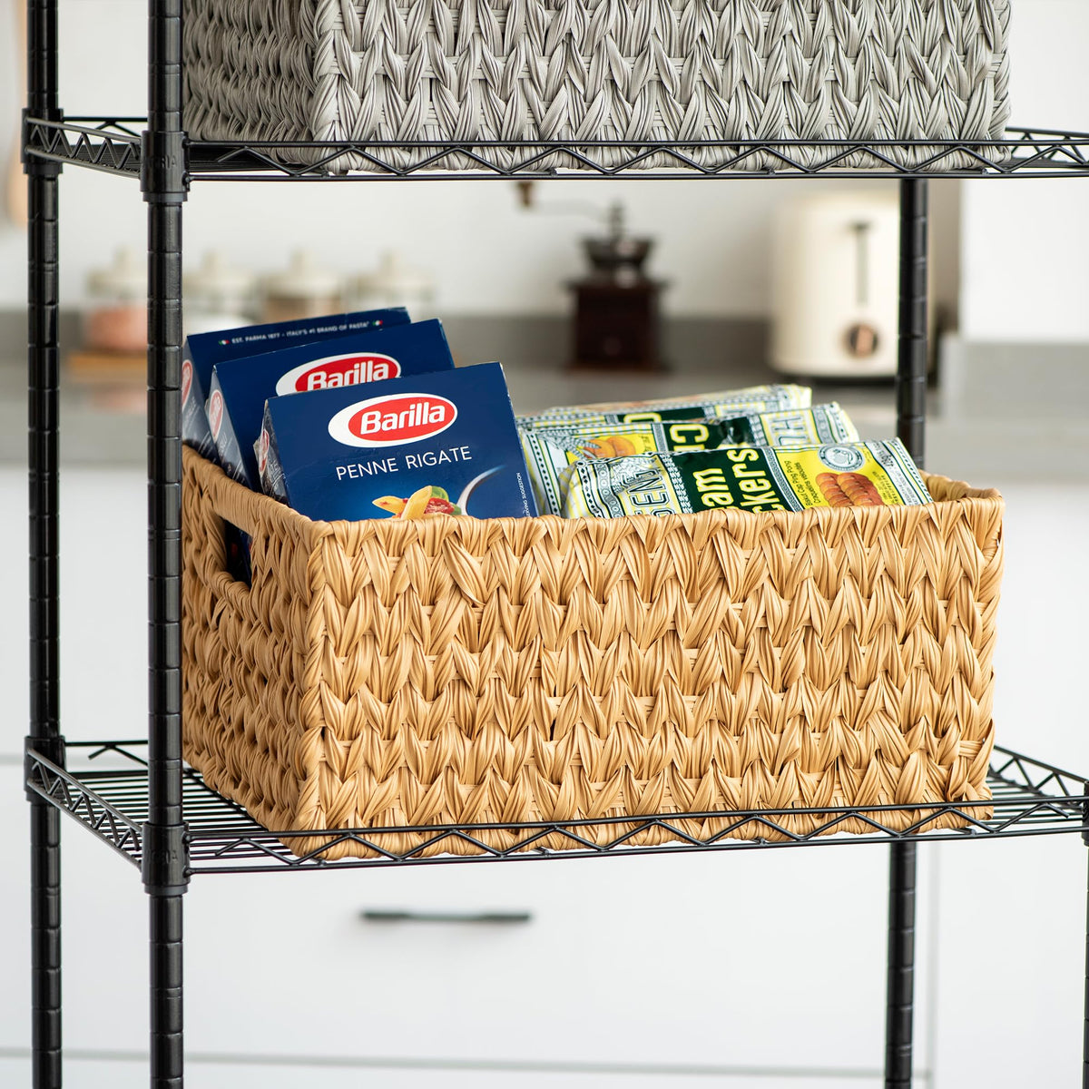 Sukkiri Homu Waterproof Storage Basket, Plastic Wicker Bin with Handles, AllWeather Rectangular Organizer for Bathroom, Kitchen