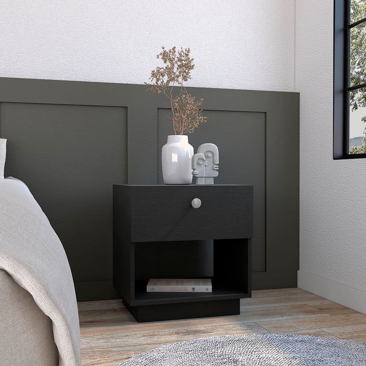 Single Drawer Nightstand 19" H with Open Storage Shelf, Black