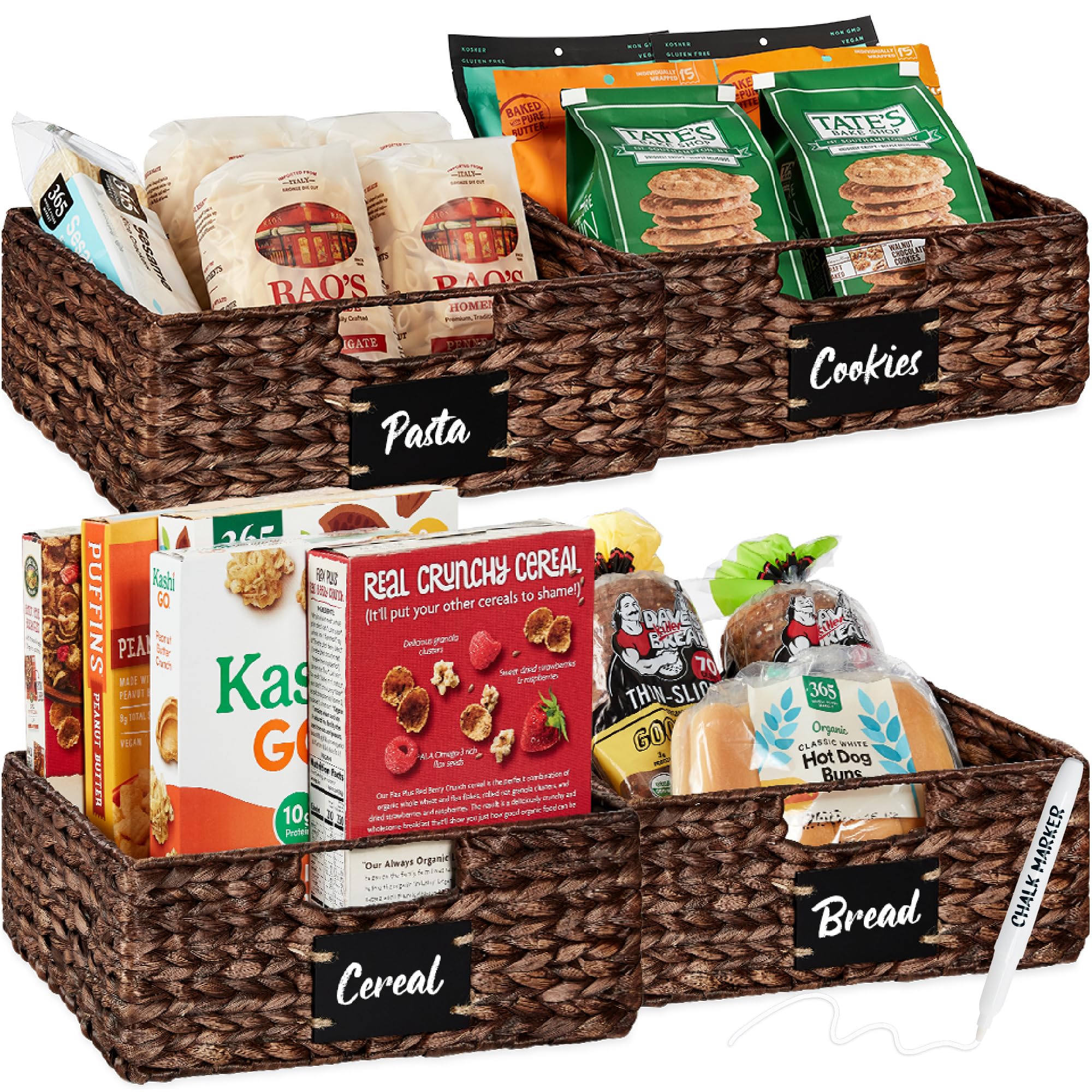Best Choice Products Set of 4 13x12in Water Hyacinth Pantry Baskets, Woven Organizers w/Chalkboard Label, Chalk Marker - Brown
