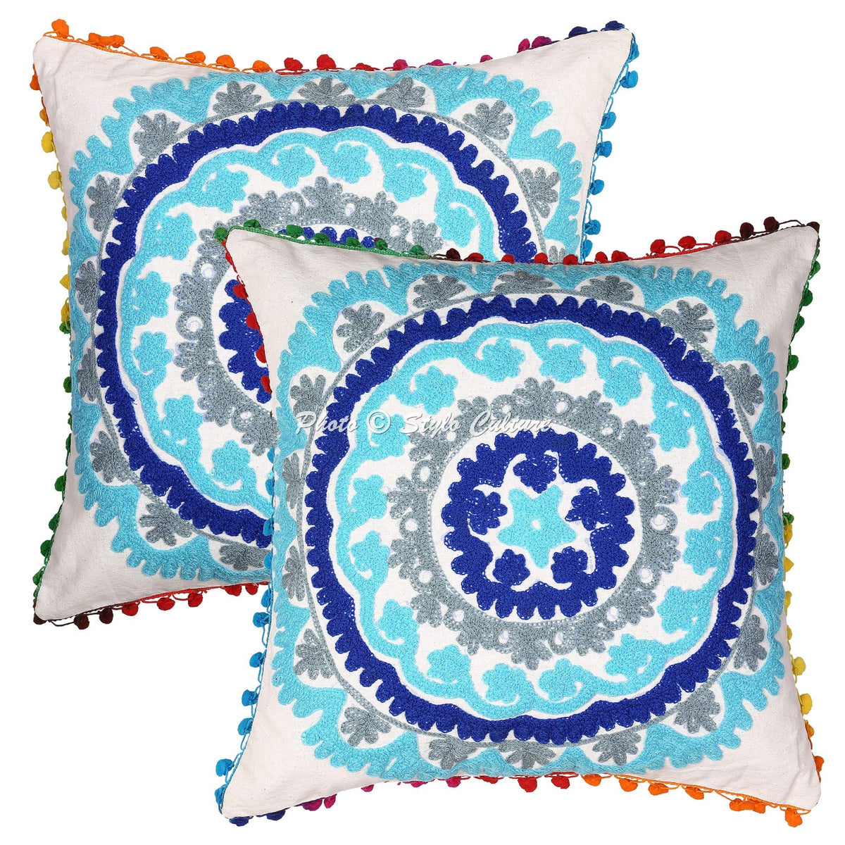 Stylo Culture Decorative Cotton Cushion Covers 16X16 Inch Suzani Embroidered Pom Pom Lace White & Blue Living Room Decor Floral