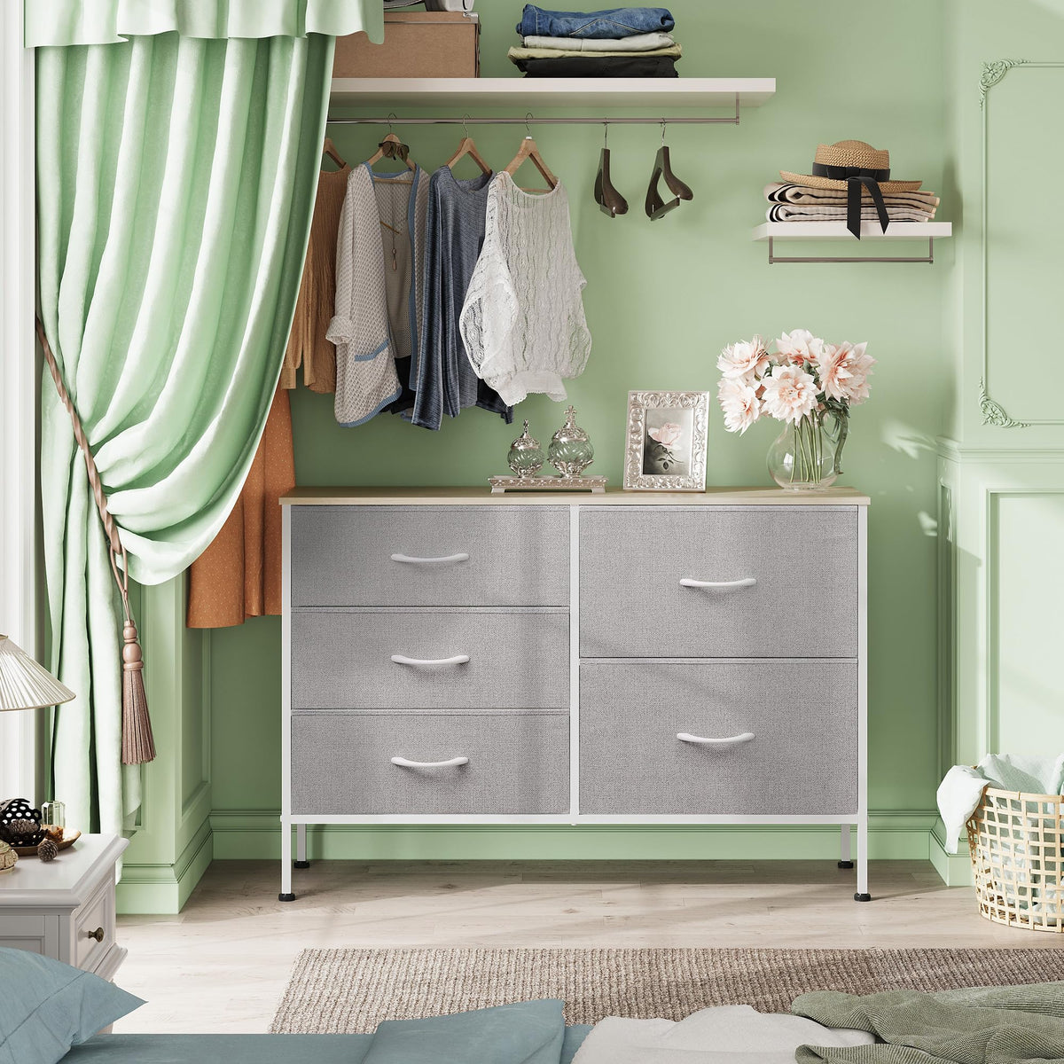 Wlive Dresser For Bedroom With 5 Drawers, Wide Bedroom Dresser With Drawer Organizers, Chest Of Drawers, Fabric Dresser For Living Room, Closet, Hallway, Light Grey