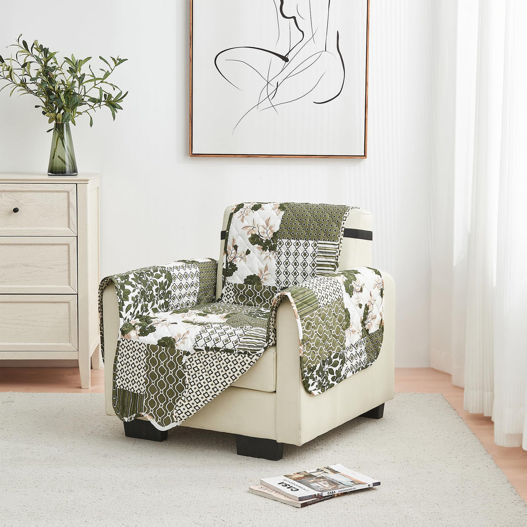 Great Bay Home Reversible Patchwork Chair Cover - Washable Slipcover Furniture Protector With Elastic Straps - Chair Cover For Dogs, Kids, And Pets - Box-Stitched Detail (Chair, Olive/Brown)