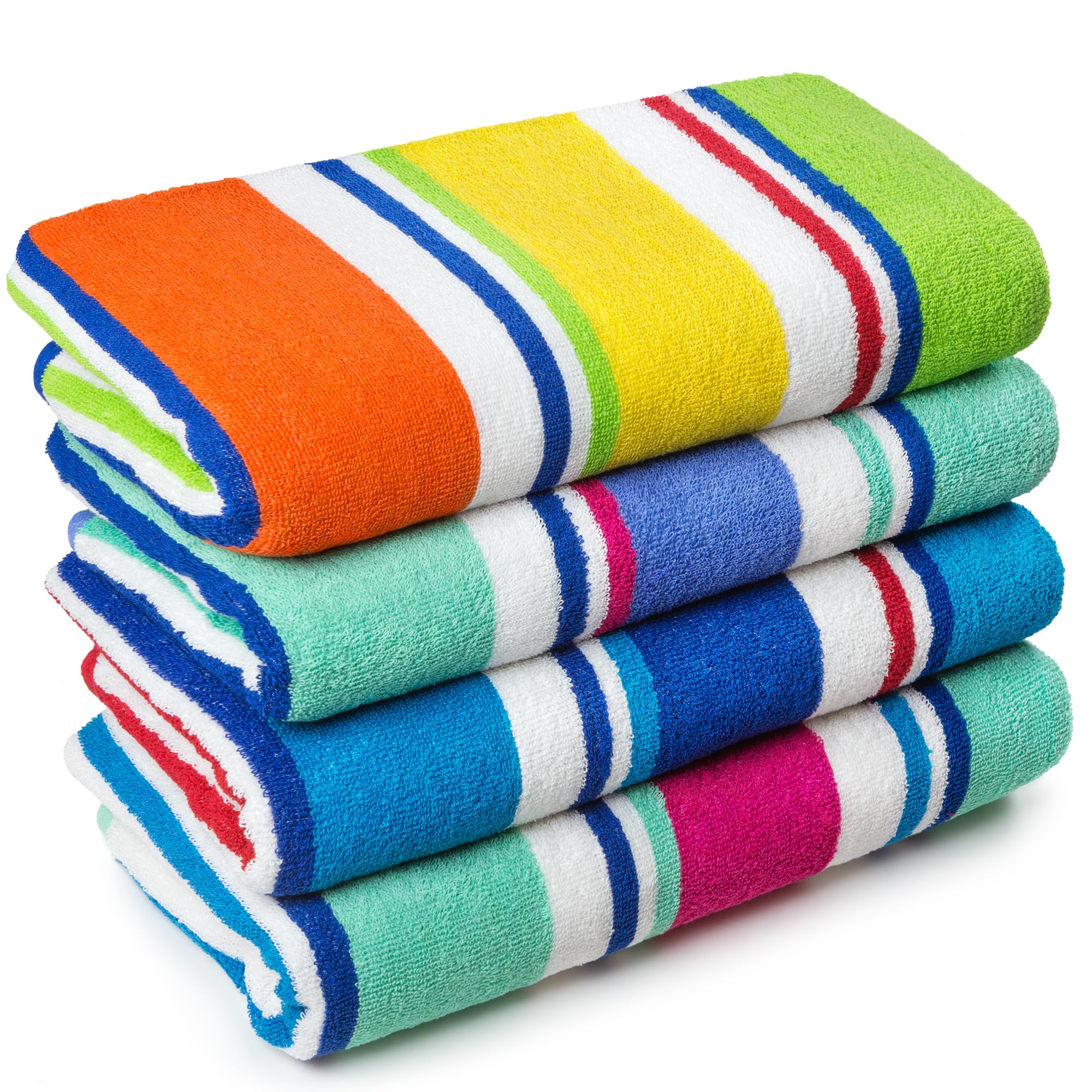 Extra Large Terry Loop Cabana Stripe Beach Towel 34 x 63 inch Soft Resort Style (Assorted Cabana, 4 Pack)