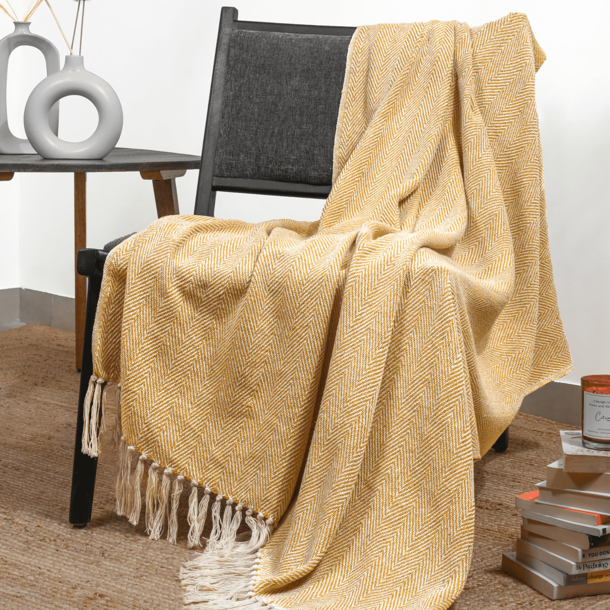 Rajrang Silver Lining Cotton Herringbone Throw Blanket 50 X 60 Inch - Modern Boho Living Room Decor Cozy Warm Bed Throws Soft Lu