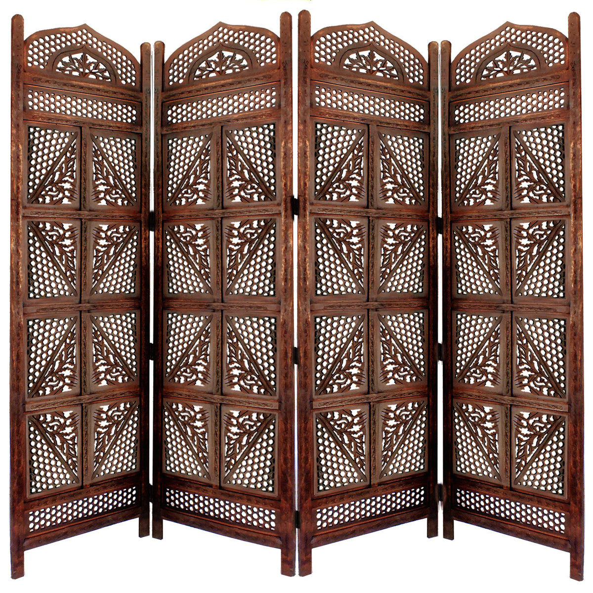Benjara Traditional Four Panel Wooden Room Divider With Hand Carved Details, Antique Brown,