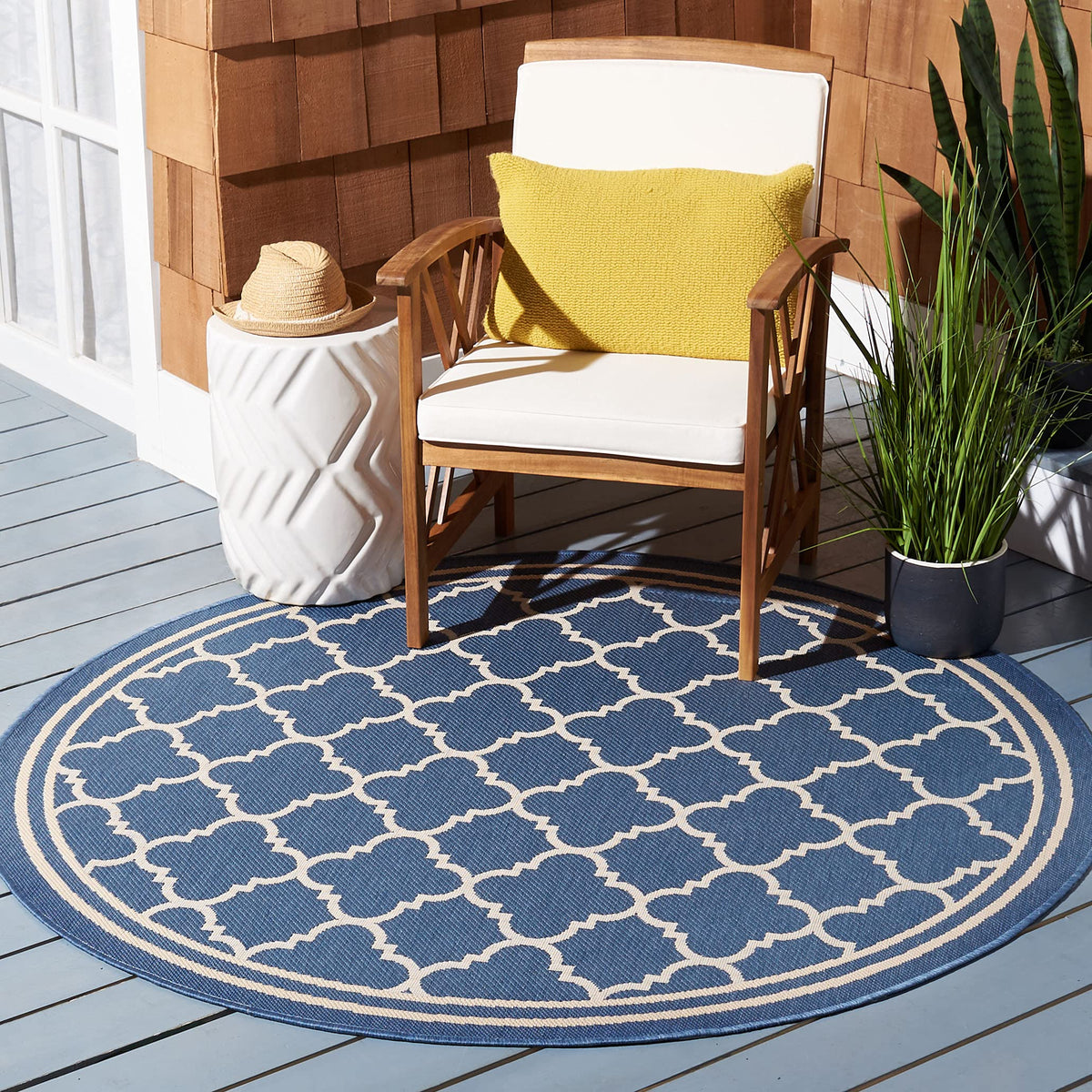 SAFAVIEH Courtyard Collection Area Rug - 67 Round, Blue & Beige, Trellis Design, Non-Shedding & Easy Care, Indoor/Outdoor & Was