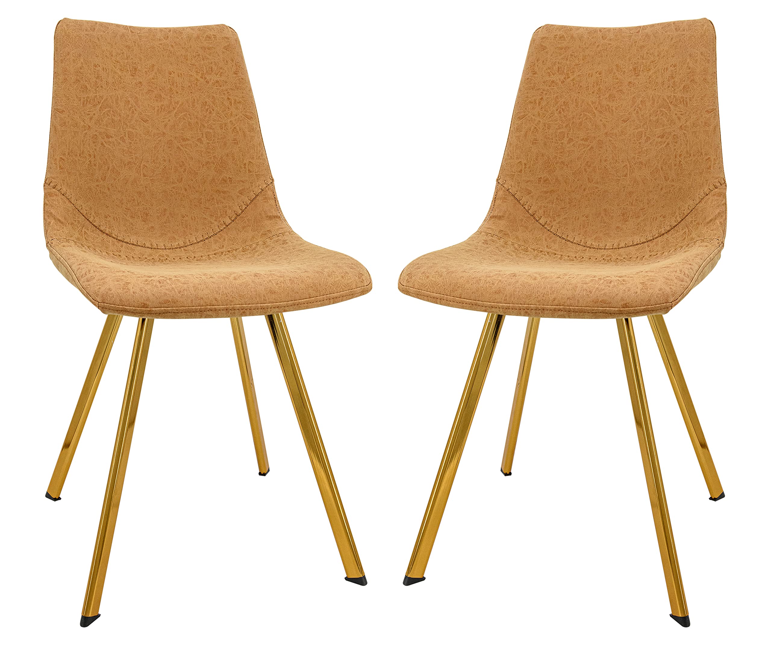 LeisureMod Markley Modern Leather Kitchen and Dining Chair with Gold Legs Set of 2, Light Brown