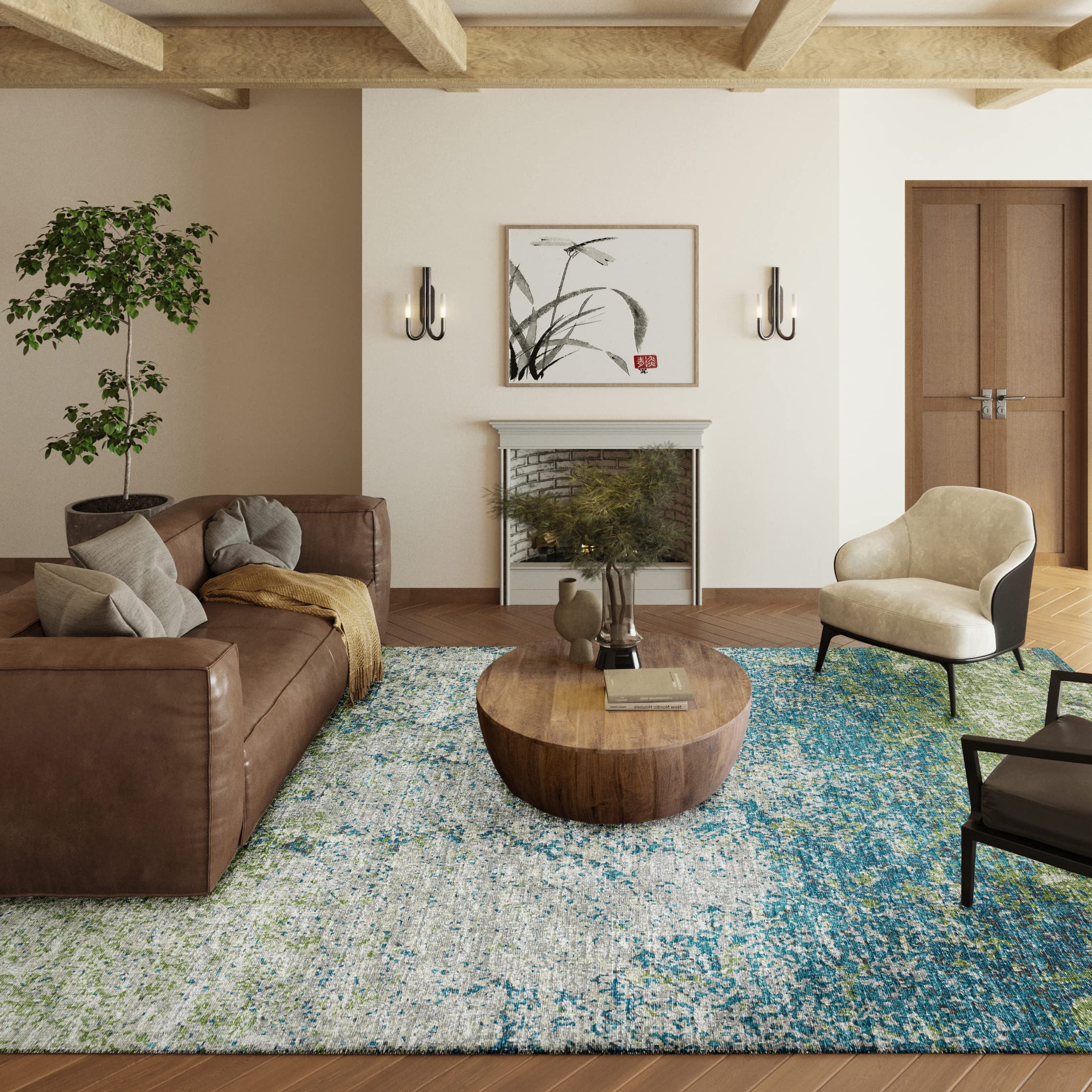 Addison Rugs Rylee Ary33 Green Washable 5' X 7'6" Indoor Outdoor Area Rug, Easy Clean, Machine Washable, Non Shedding, Bedroom, Entry, Living Room, Dining Room, Kitchen, Patio Rug