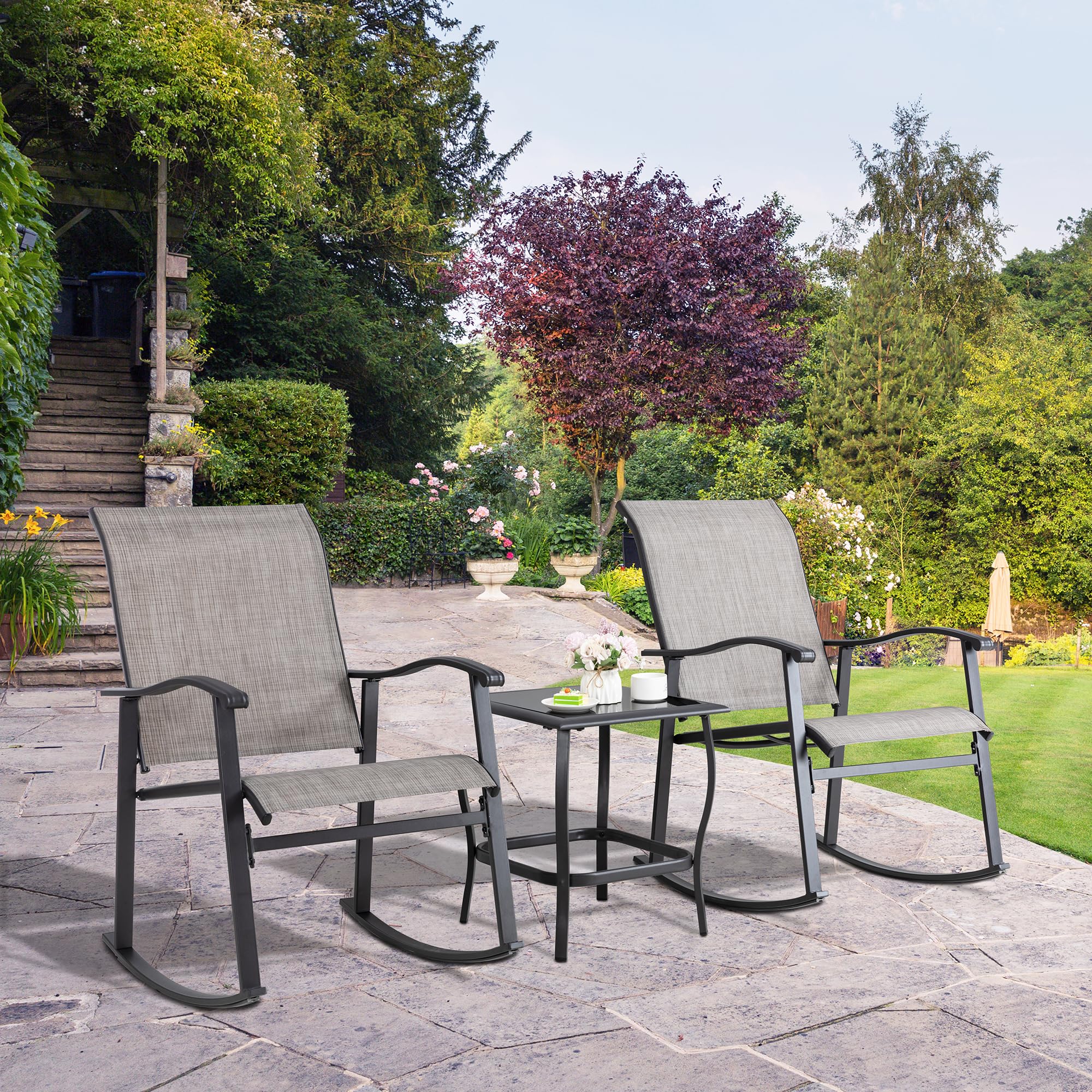 Shintenchi 3 Piece Rocking Bistro Set, Outdoor Furniture With Rocker Chairs And Glass Coffee Table Set Of 3, Balcony, Porch Furniture For Small Space, Gray