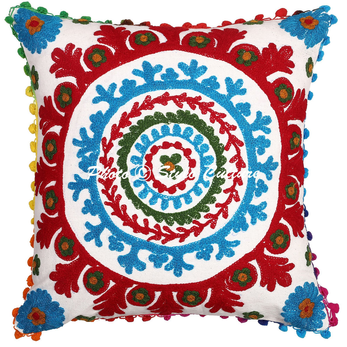 Stylo Culture Traditional Floral Cushion Cover 17X17 Inches White Embroidered Suzani Work With Pompom Lace Cotton Square Decorat