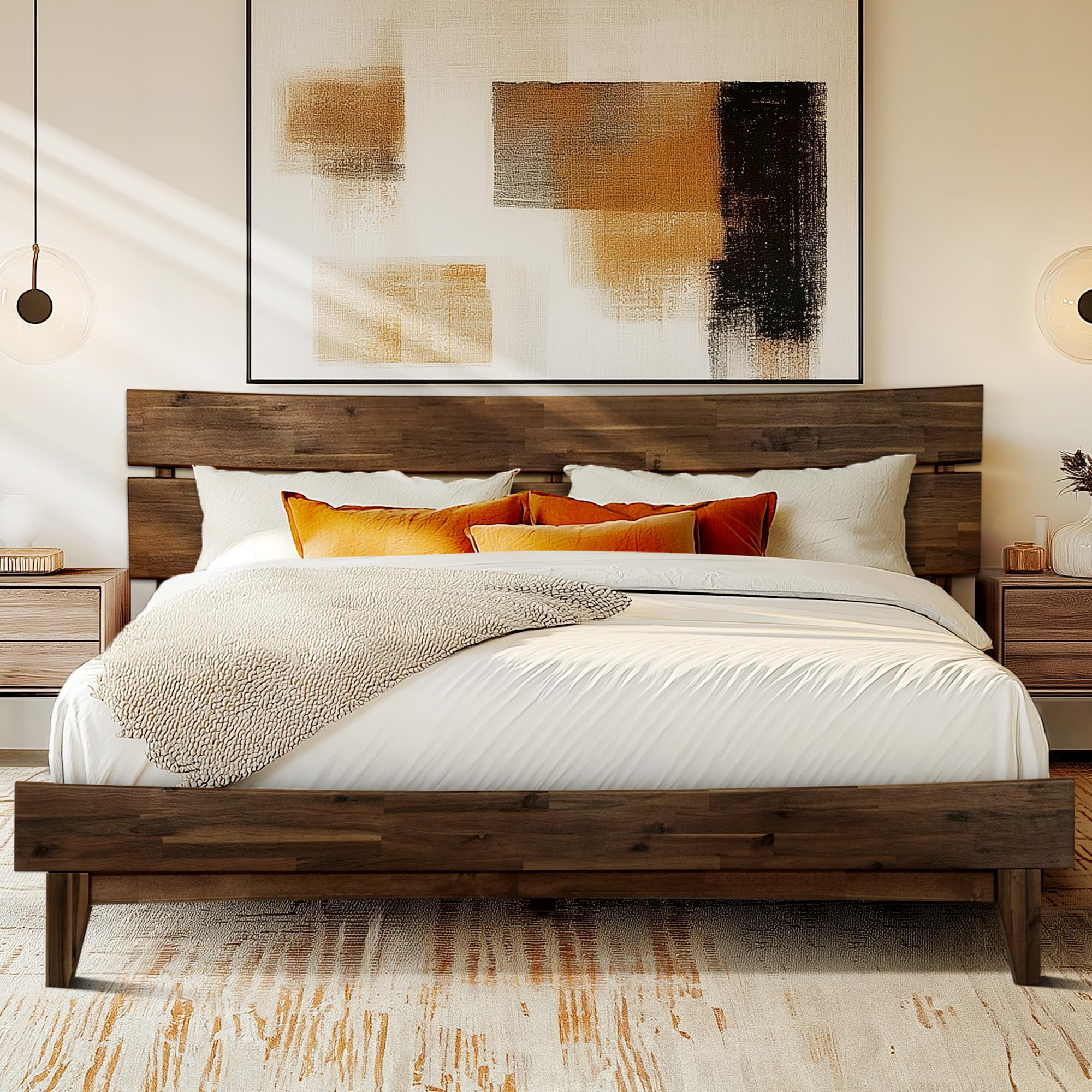 Acacia Aurora King Size Bed Frame, King Bed Frame and Headboard Wood Bed Compatible with All Mattress Types, No Box Spring Neede
