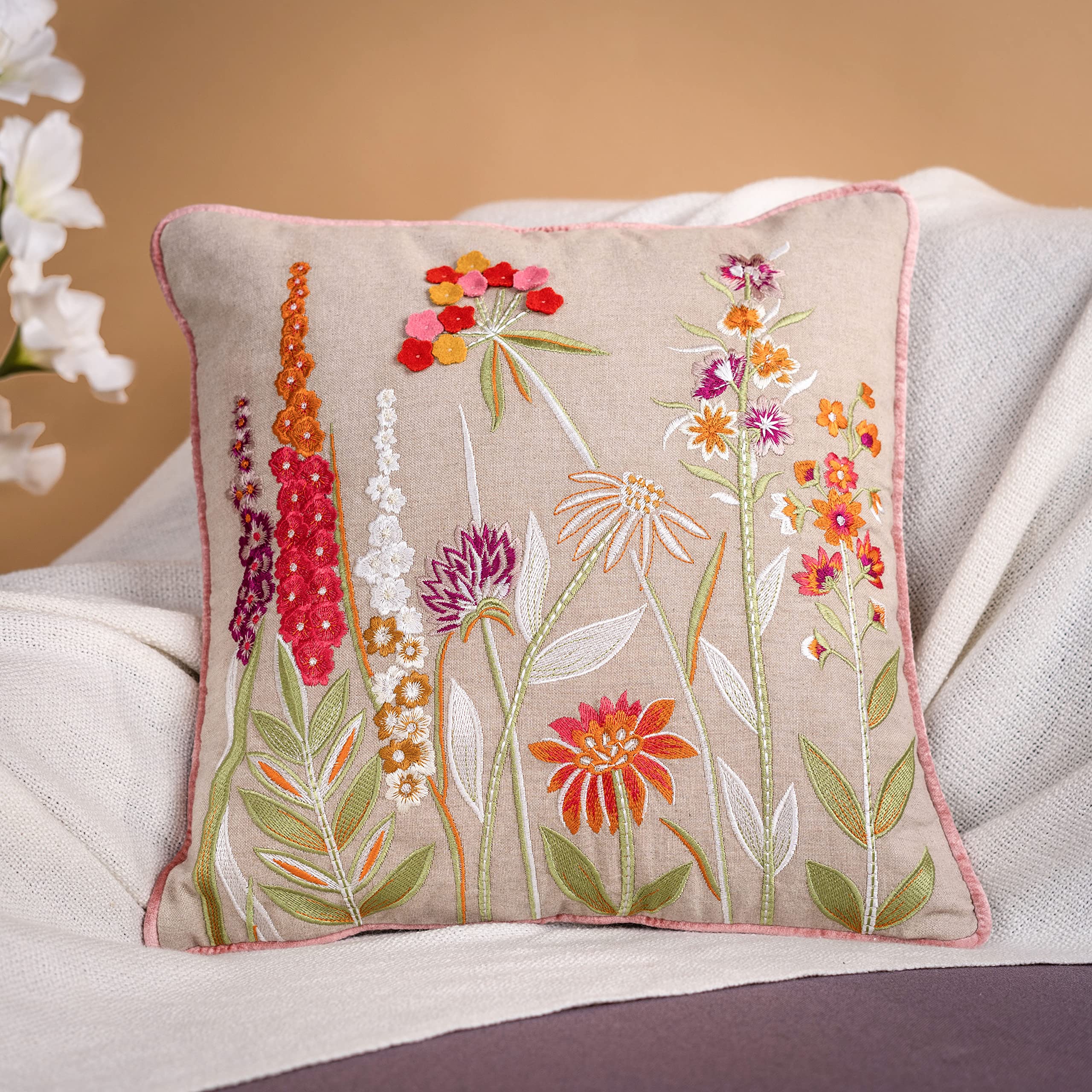 Haus & Kinder Cotton,210 Tc Decorative Embroidered Cushion Cover | Knitted Chambray Front Throw Pillow Cushion Cover For Sofa Li