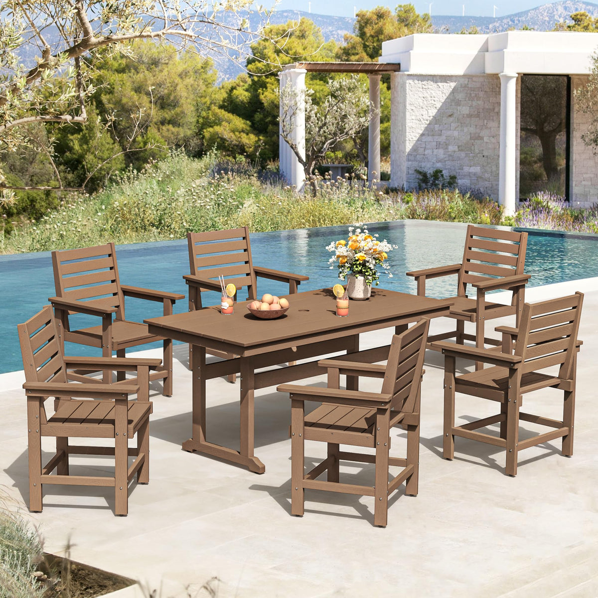 Homenjoy Patio Table and Chairs Set 7 Pieces, HDPE Weather Resistant Outdoor Dining Set with Umbrell Hole, Rectangle Outdoor Din