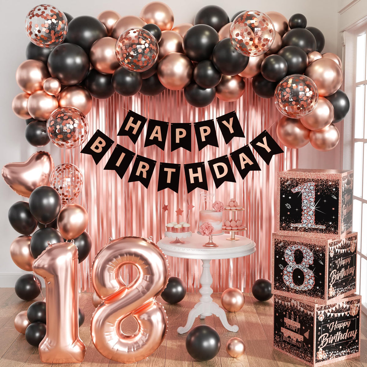 18th Birthday Decorations for Girls, (Total 70pcs) rosegold happy 18th birthday Banner, Pennant, Hanging Swirl, Foil Backdrops, 