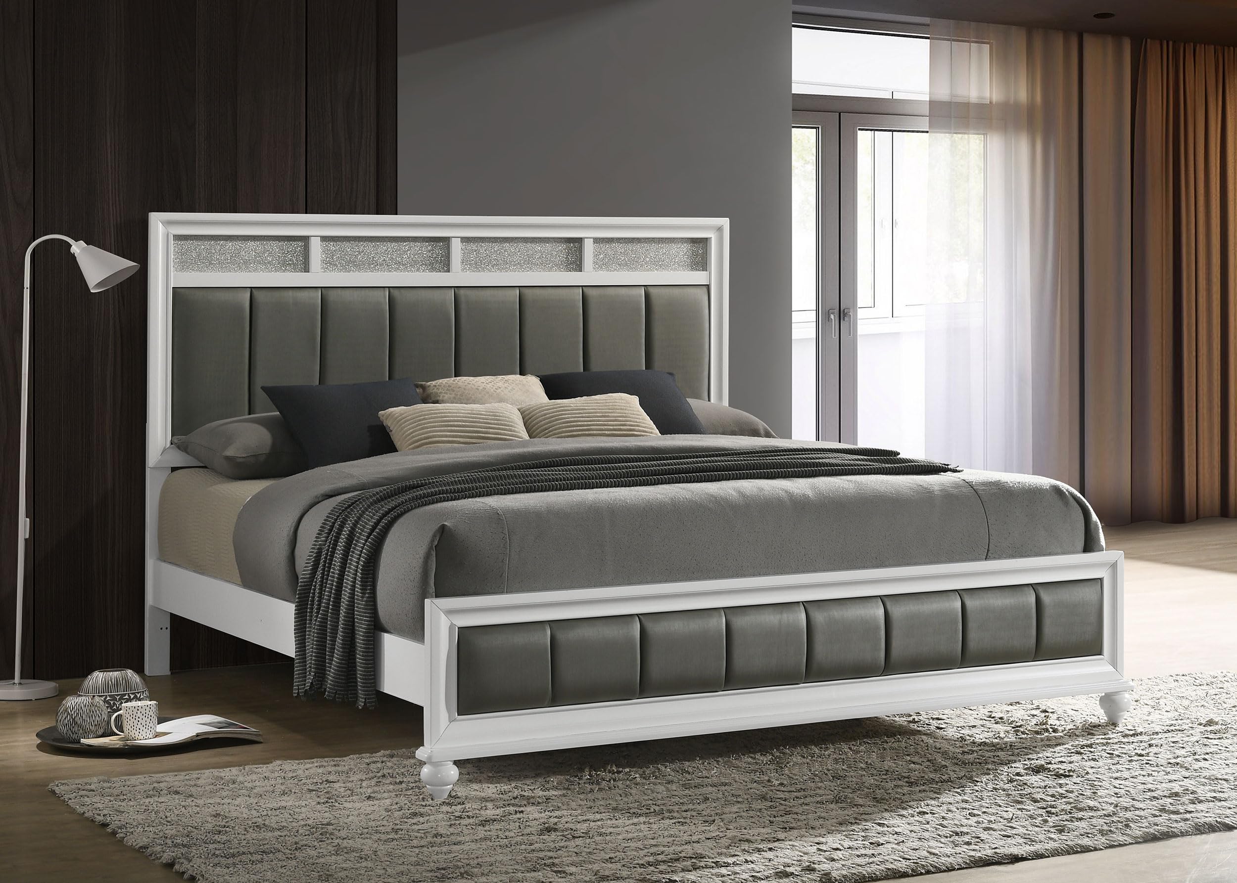 Coaster Home Furnishings Barzini Modern Classic Leatherette Upholstered Eastern King Size Panel Bed Frame 56-inch Headboard White 205891KE