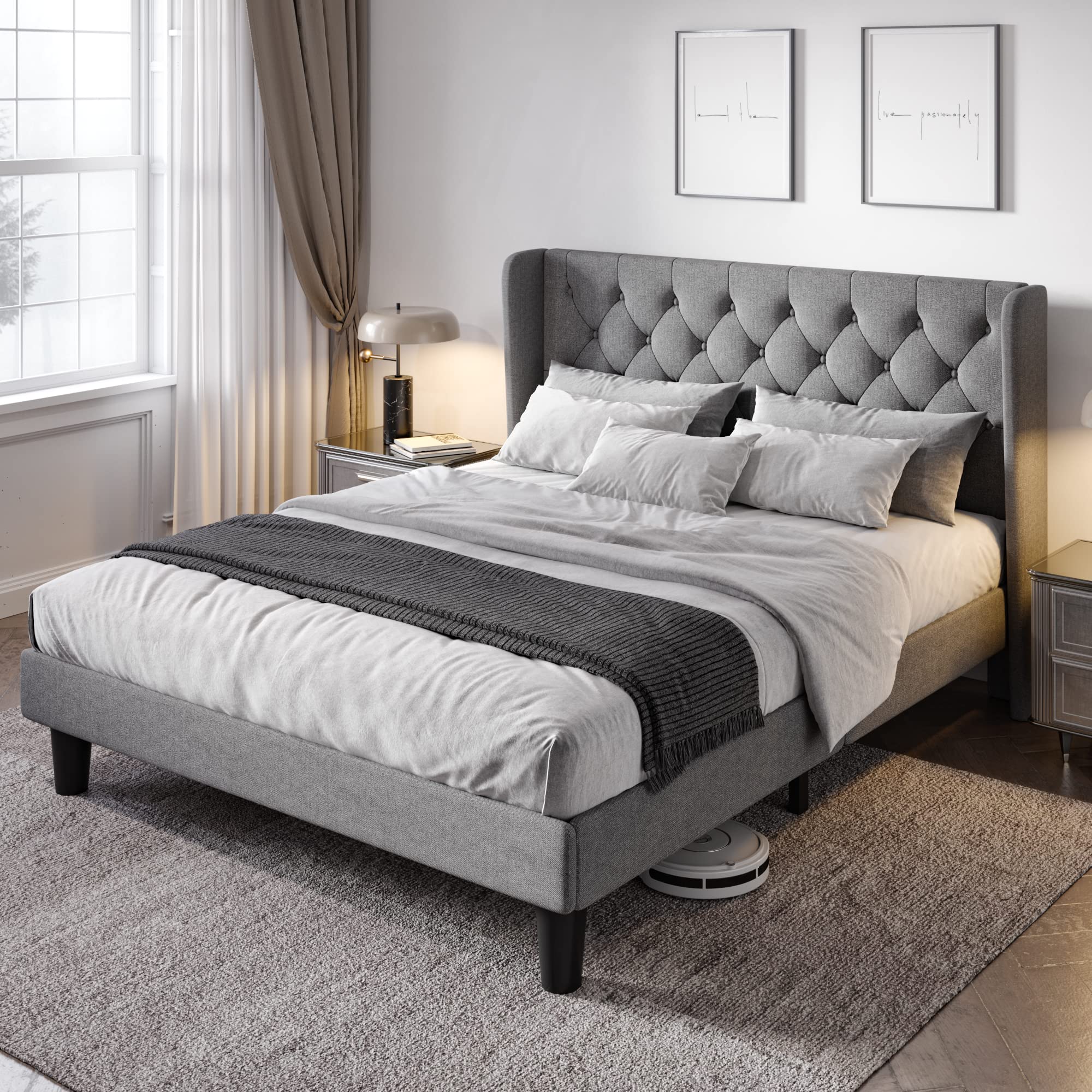 Allewie Queen Size Bed Frame with Button Tufted Wingback Headboard, Modern Upholstered Bed Frame with Solid Wooden Slats Support