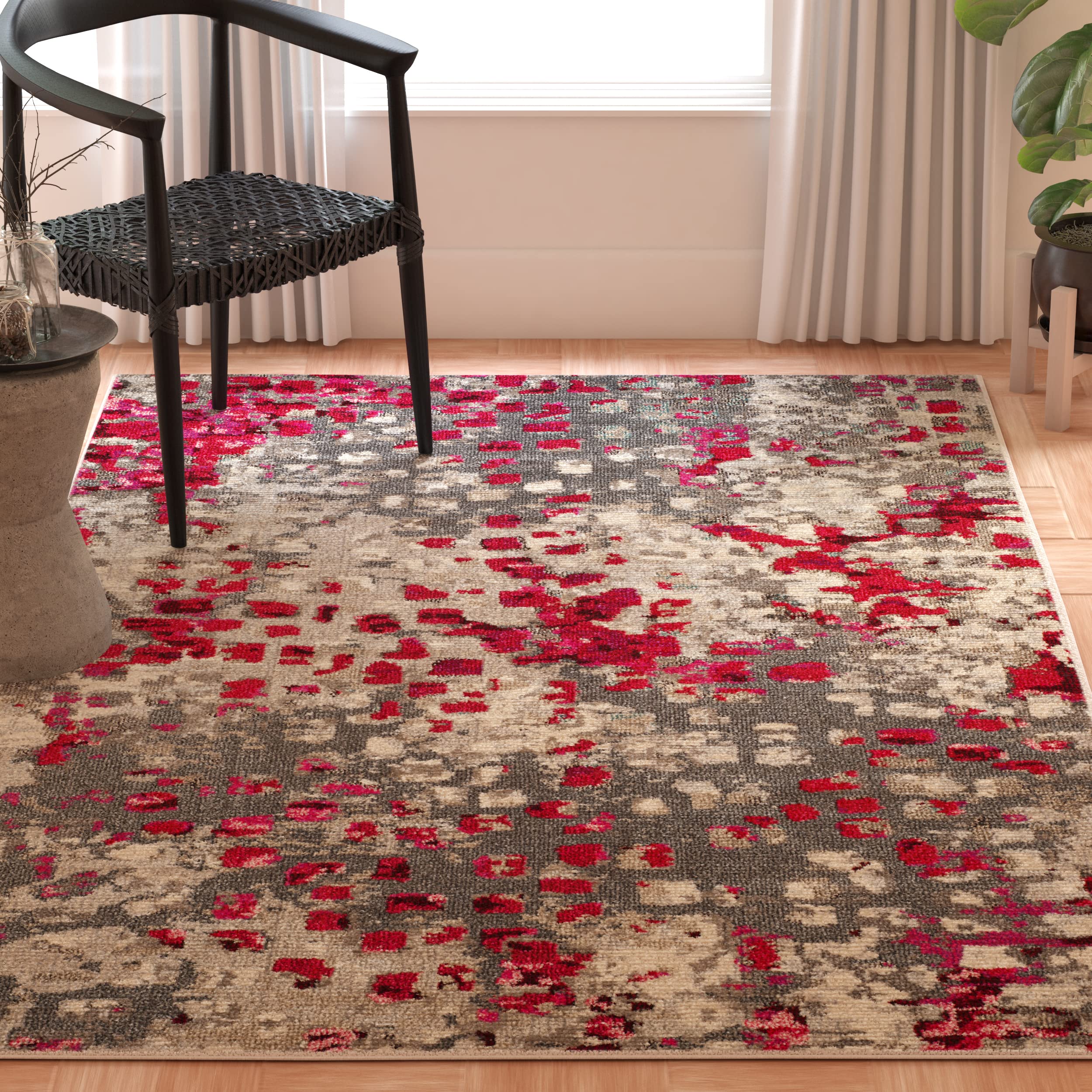 SAFAVIEH Monaco Collection Area Rug - 51 x 77, Grey & Fuchsia, Boho Chic Abstract Watercolor Design, Non-Shedding & Easy Care,