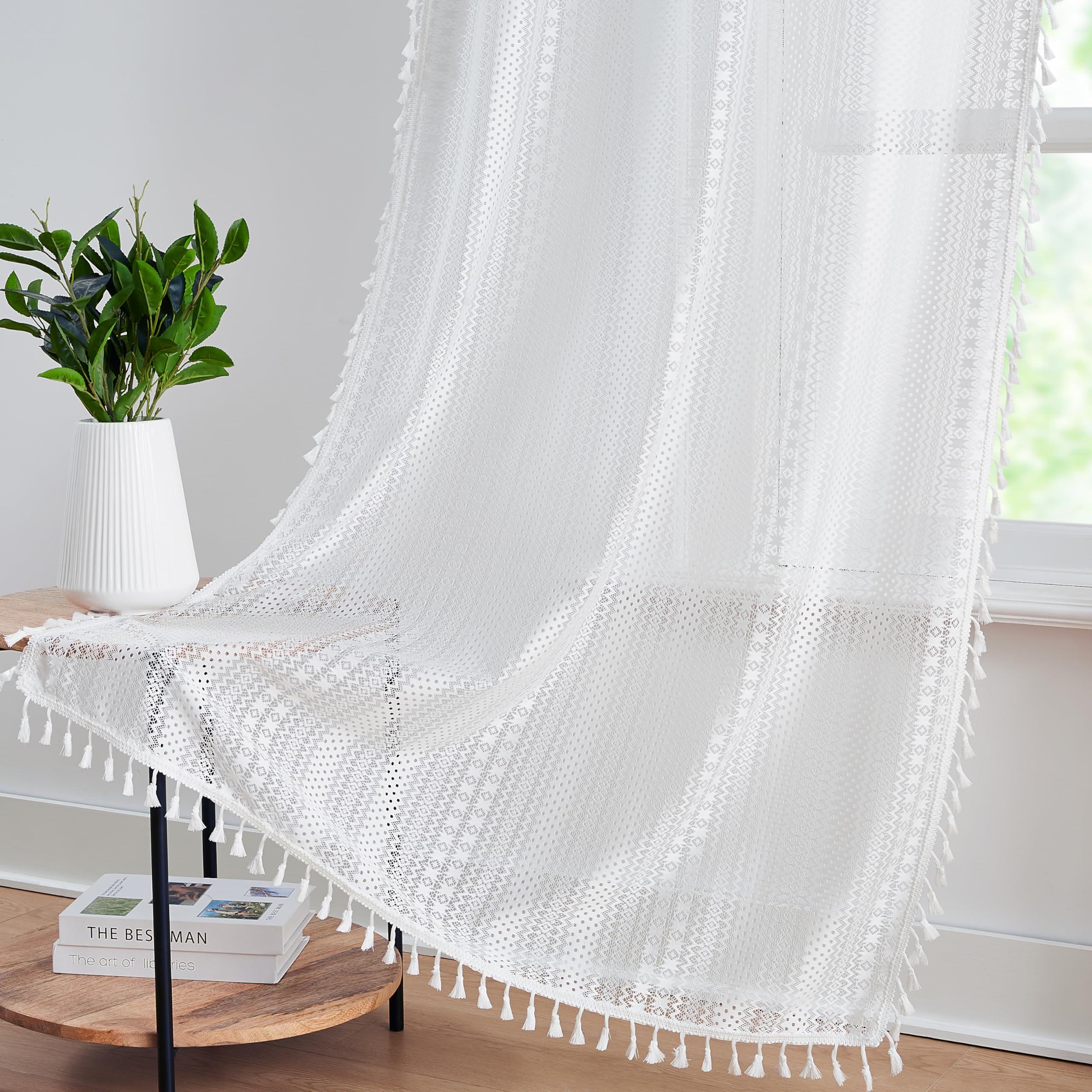 Bapawfish White Boho Lace Sheer Curtain Panels 84 Inches Length With Tassels For Bedroom Living Room,Geometric Embroidery Patter