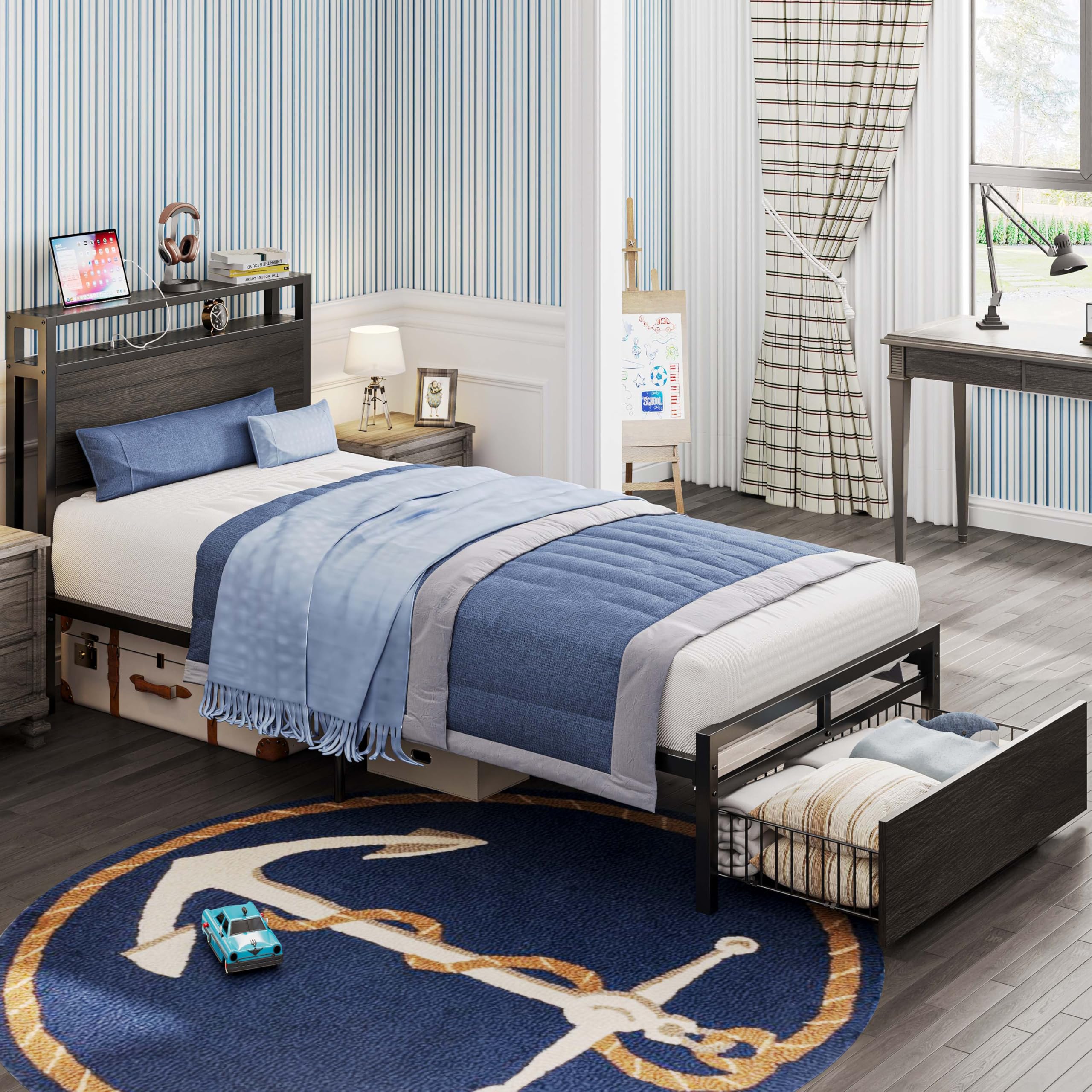 LIKIMIO Twin XL Bed Frames with Drawer, Storage Headboard with Outlets, No Box Spring Needed, Easy Assembly, Vintage Brown
