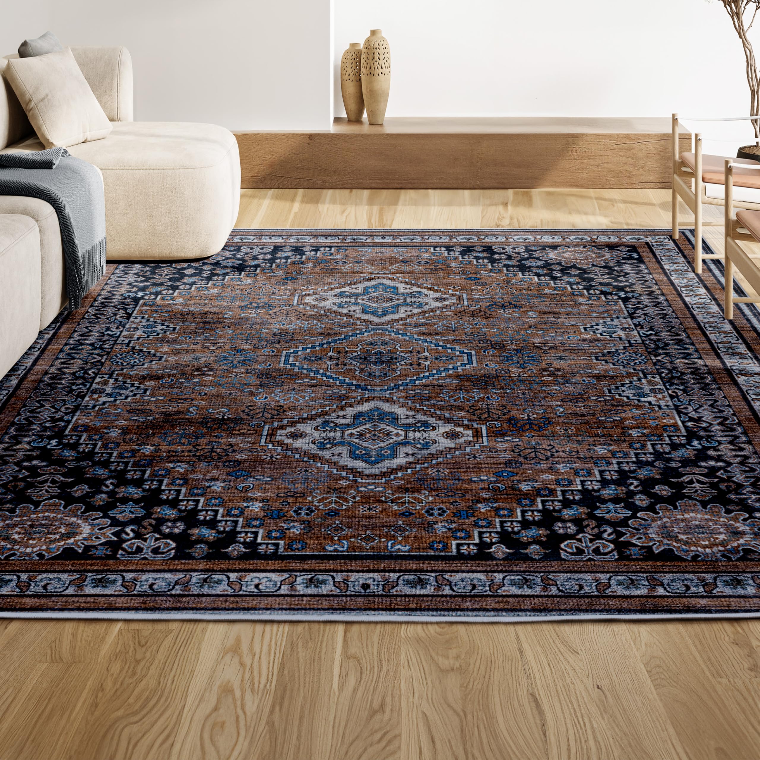 JONATHAN Y WSH101B-5 Dalyan Geometric Medallions Machine-Washable Brown/Blue/Gray 5 ft. x 8 ft. Area Rug, Easy to Clean, Non-She