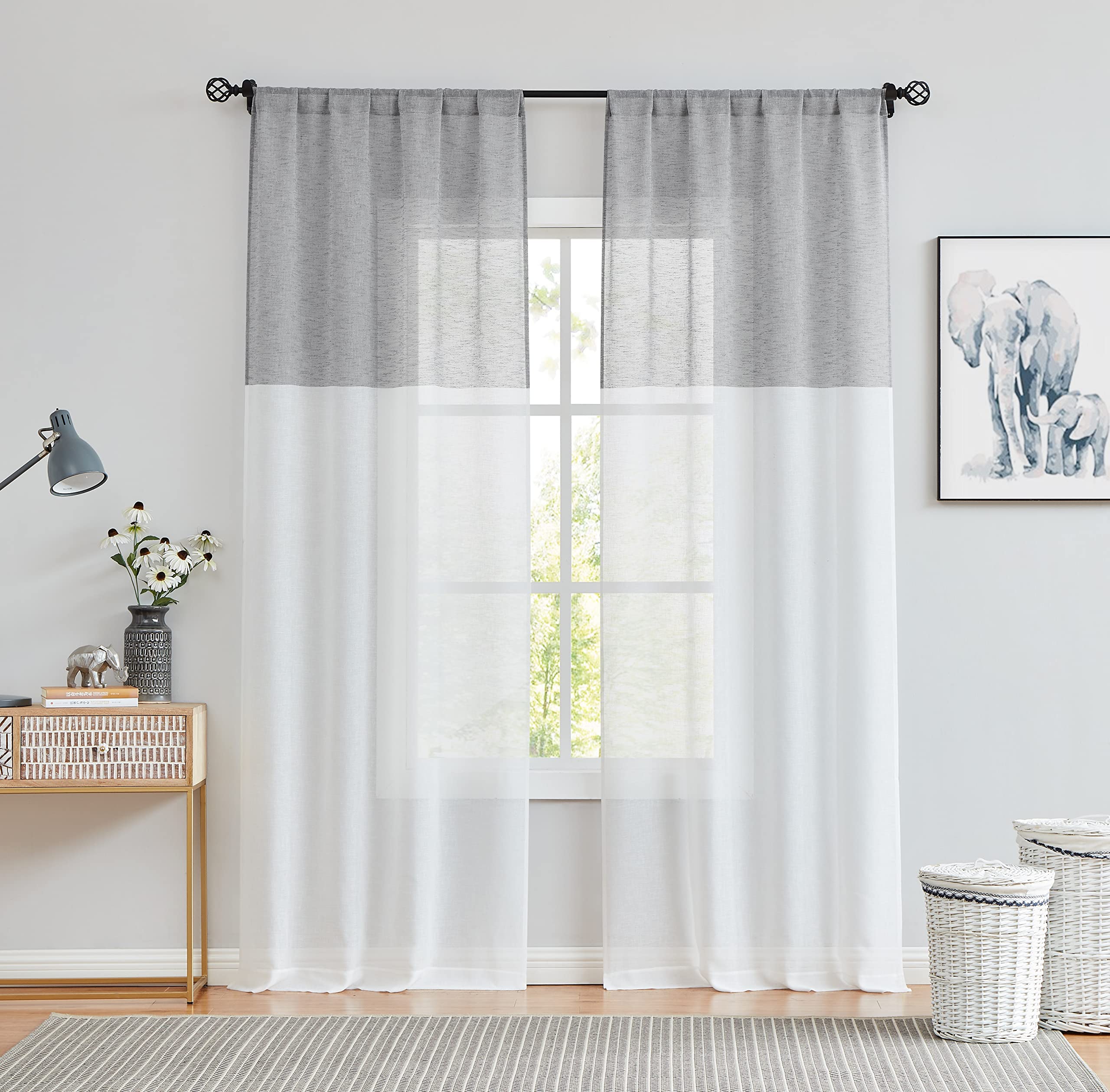 Central Park Gray and White Stripe Sheer Color Block Window Curtain Panel Linen Drape Treatment for Bedroom Living Room Farmhous