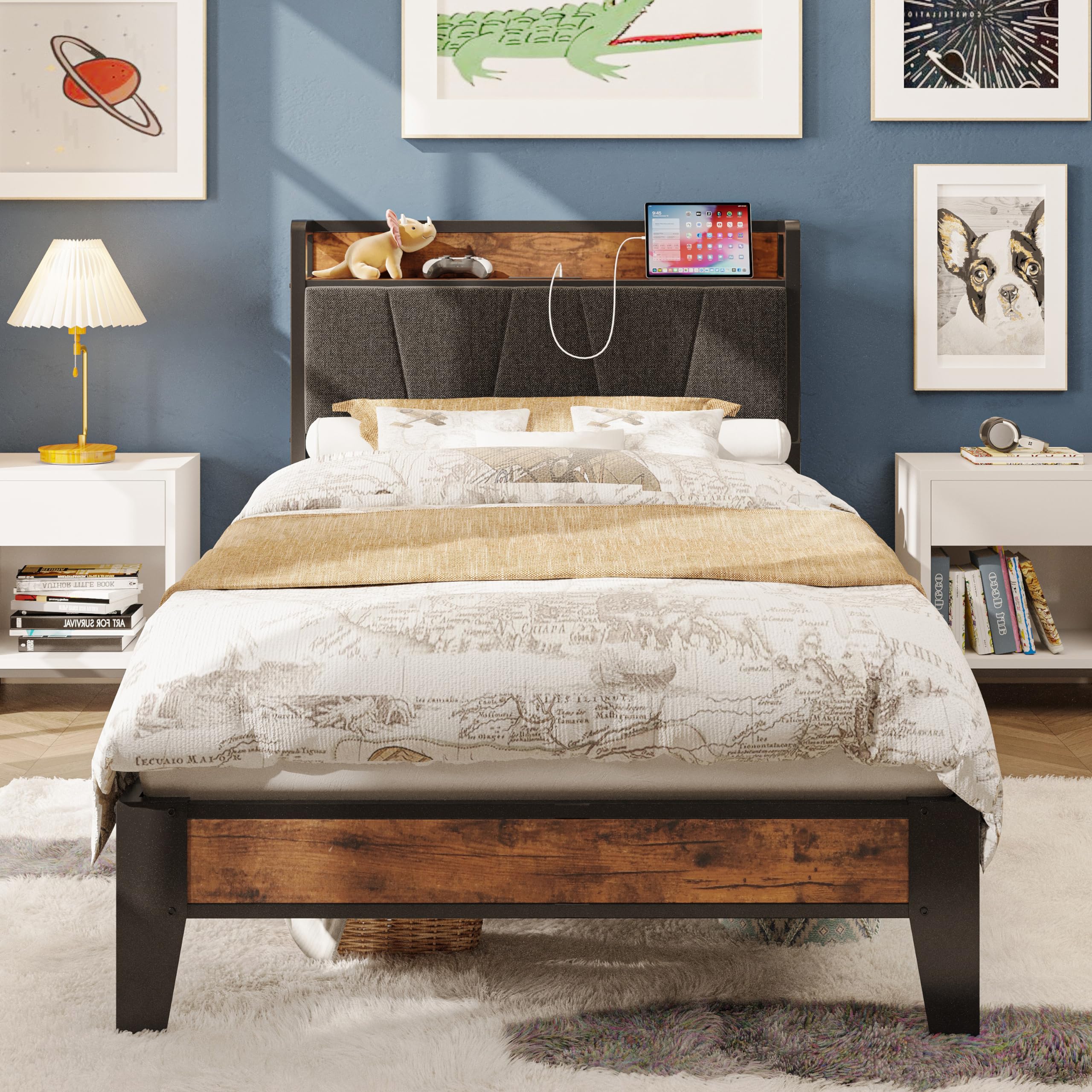 Likimio Twin Xl Bed Frames, Storage Headboard With Charging Station, Solid And Stable, Noise Free, No Box Spring Needed, Easy Assembly