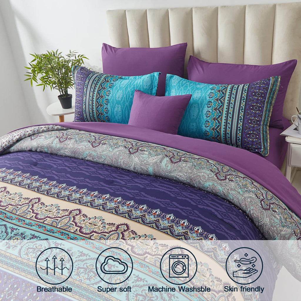 Boho Comforter Set Full Size 8 Piece Bed In A Bag Bohemian Striped Bedding Quilt Set Aqua Paisley Floral Comforter And Sheet Set