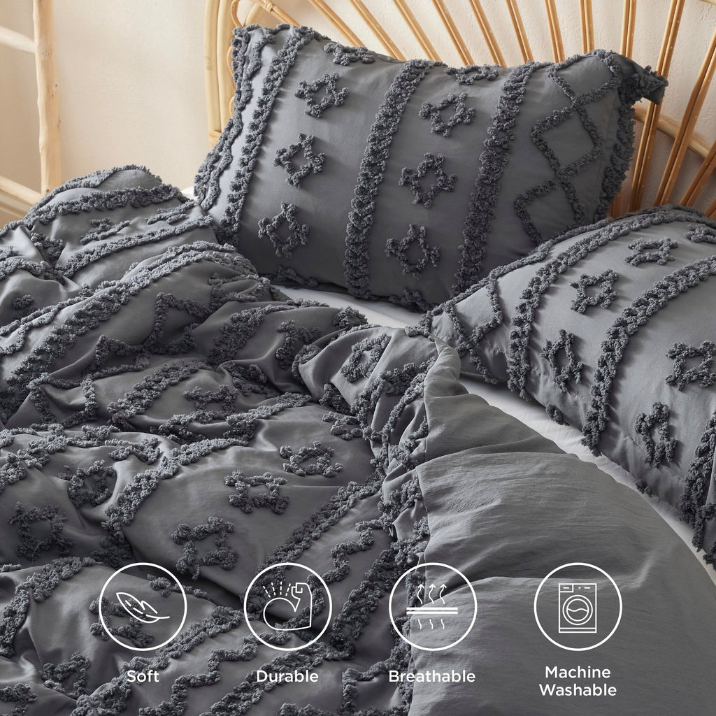 Bedsure Boho Duvet Cover King Size - Tufted Duvet Cover King Size For All Seasons, 3 Pieces Soft Shabby Chic Embroidery Boho Bedding Duvet Cover For Gifts (Dark Grey, King, 104X90)