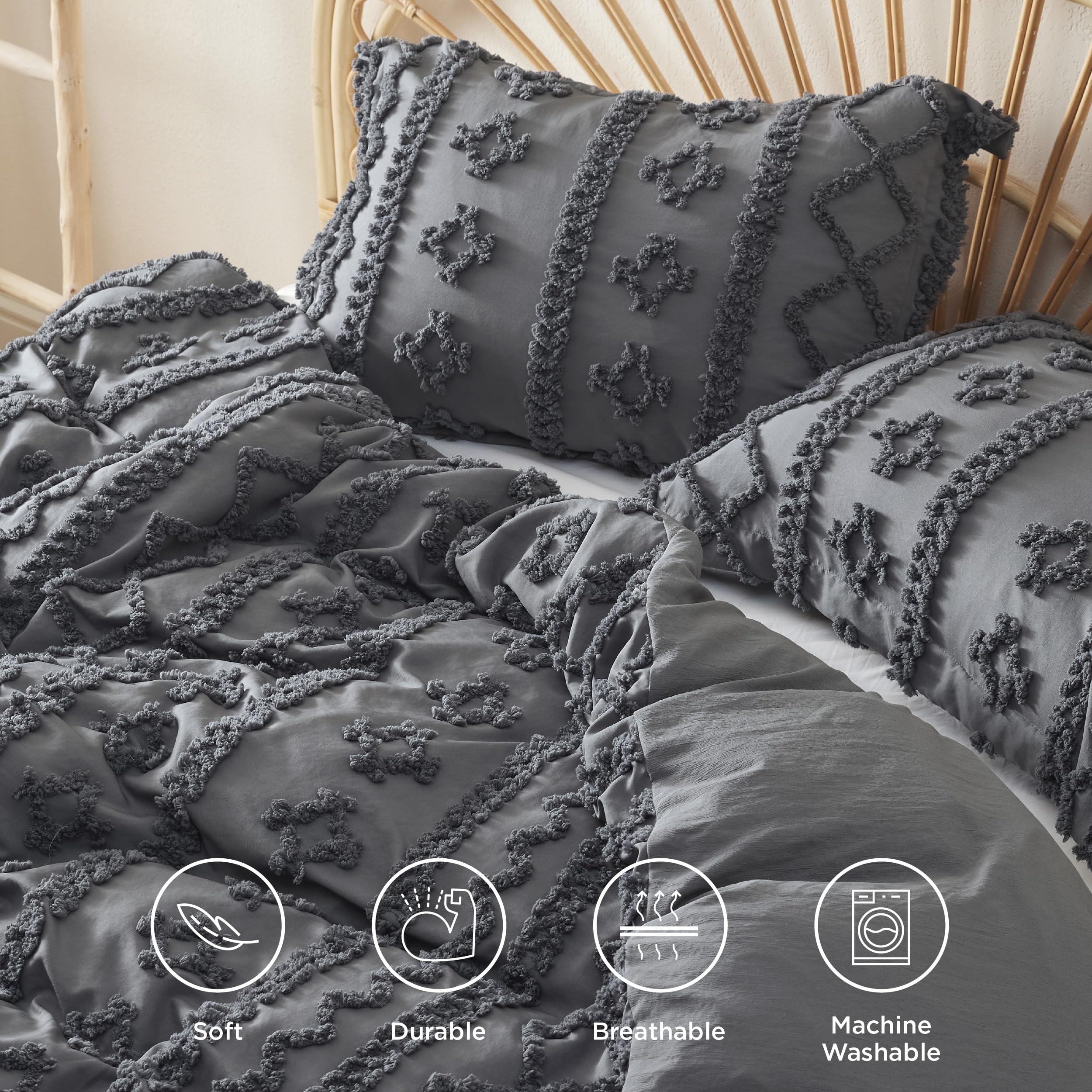 Bedsure Boho Duvet Cover King Size - Tufted Duvet Cover King Size For All Seasons, 3 Pieces Soft Shabby Chic Embroidery Boho Bedding Duvet Cover For Gifts (Dark Grey, King, 104X90)