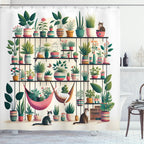 Ambesonne Aesthetic Shower Curtain, Indoor Garden Illustration With Cats And Bohemian Pots Print, Cloth Fabric Bathroom Decor Se