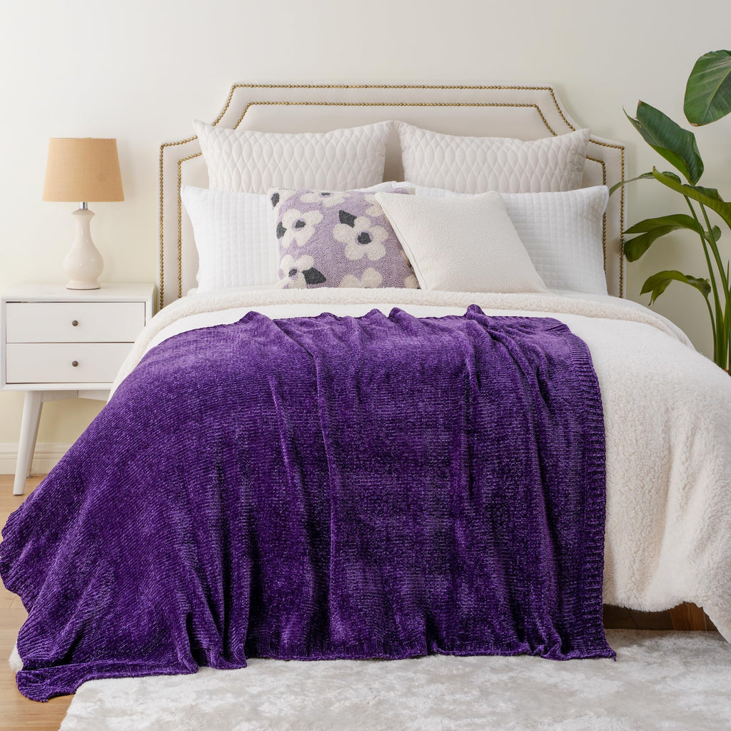 BATTILO HOME Chenille Knitted Throw Blanket, 51"x67", Super Soft Dark Purple, Cozy Decorative Blanket for Couch & Bed