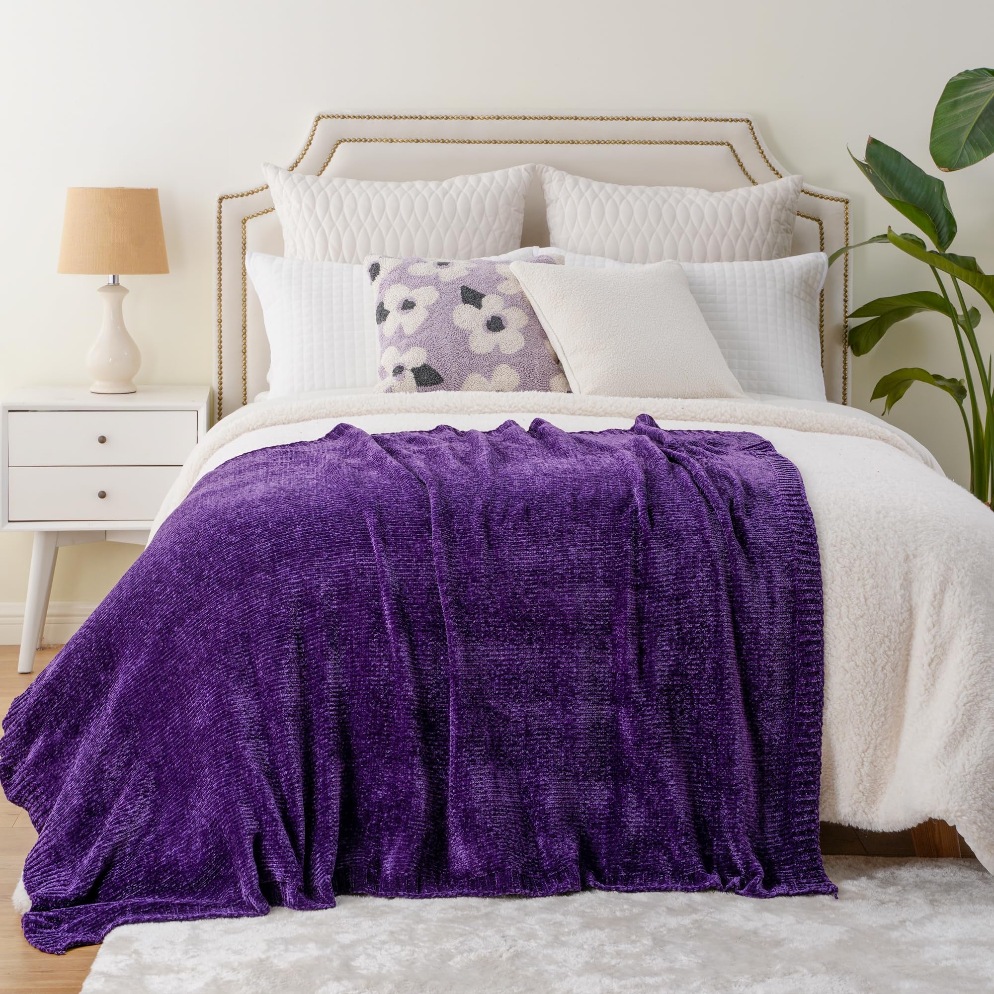 BATTILO HOME Chenille Knitted Throw Blanket, 51"x67", Super Soft Dark Purple, Cozy Decorative Blanket for Couch & Bed
