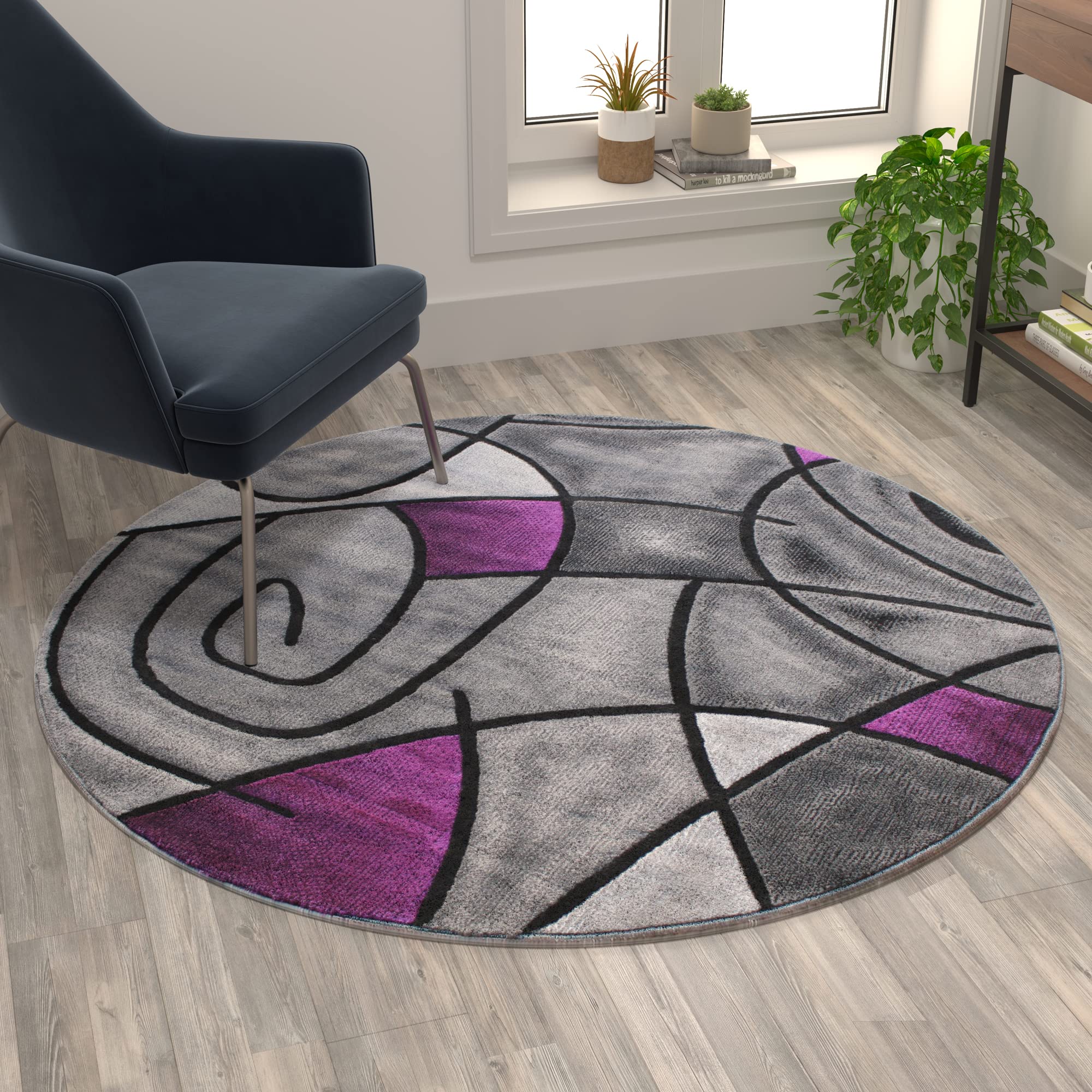Flash Furniture Jubilee Collection Abstract Area Rug - Colorfast Purple Olefin Rug - 5' X 5' Round Area Rug - Jute Backing - Living Room, Bedroom, & Family Room