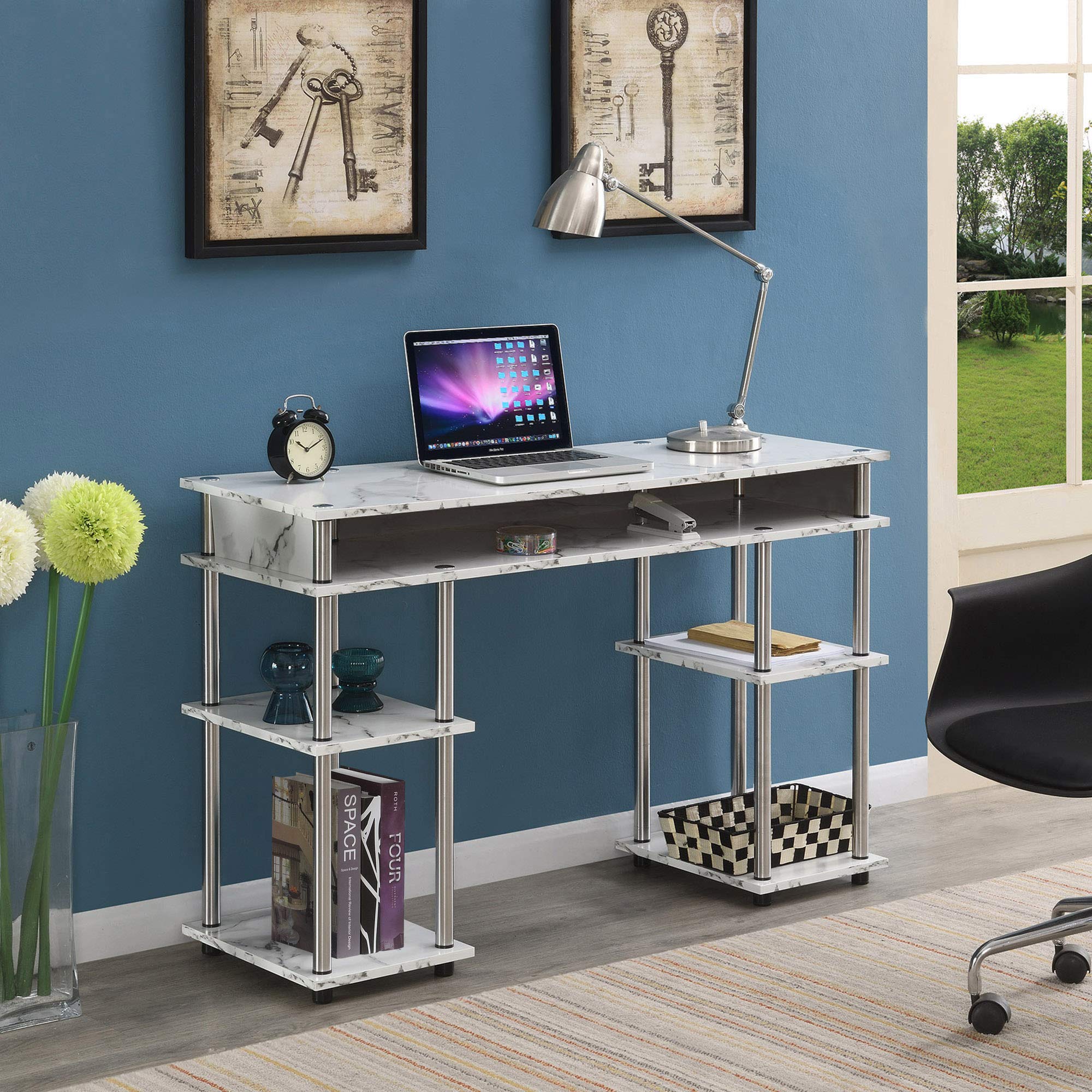 Convenience Concepts Designs2Go No Tools Desk Home Office Desk with Shelves, Corner Shelf Vanity Desk Computer Desk Nail Table for Nail Tech - 47.25" L x 15.75" W x 30" H, White Faux Marble