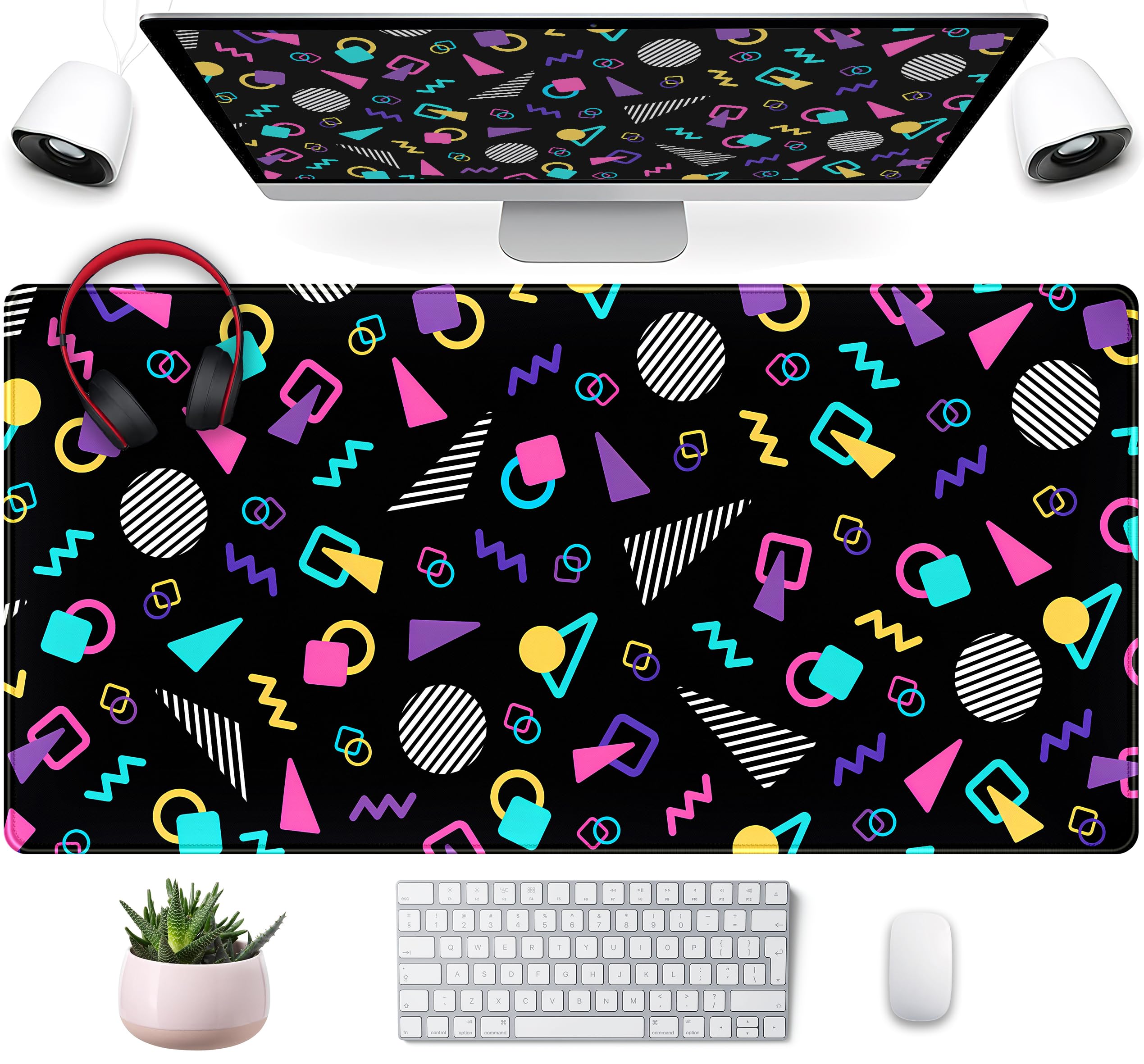 Retro 80S Desk Mat, Cute 90S Xxl Large Gaming Mouse Pad, Black Boho Desk Pad With Stitched Edges, Computer Laptop Keyboard And M