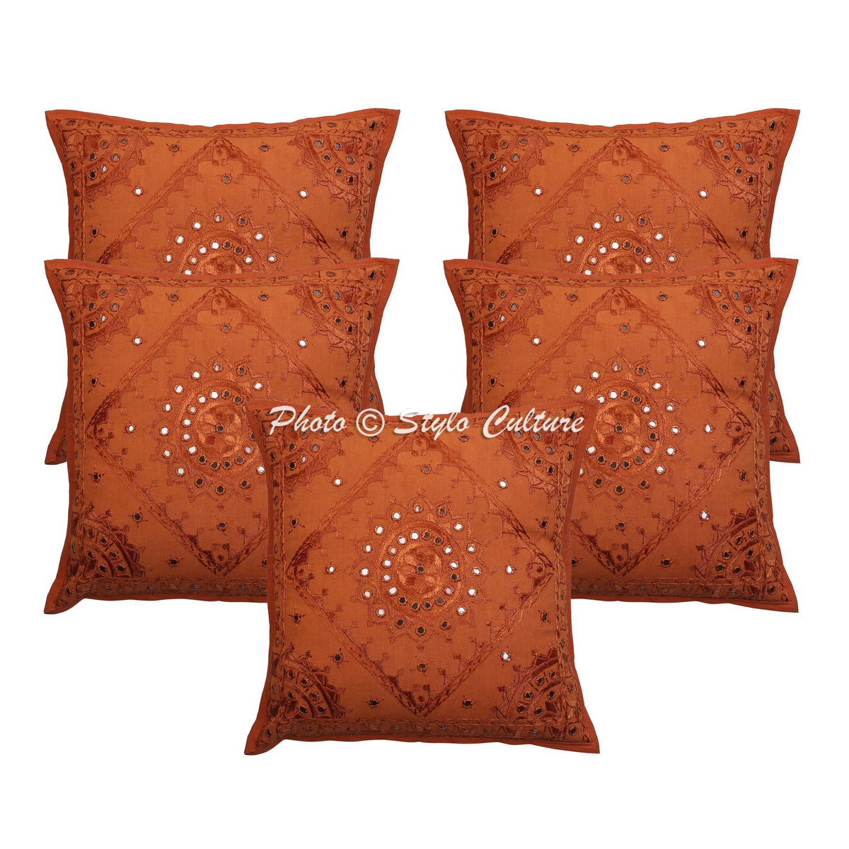 Stylo Culture Decorative Cotton Cushion Covers For Bed 16X16 Inch Embroidered Brown Living Room Decor Mirror Rajasthani Square 4