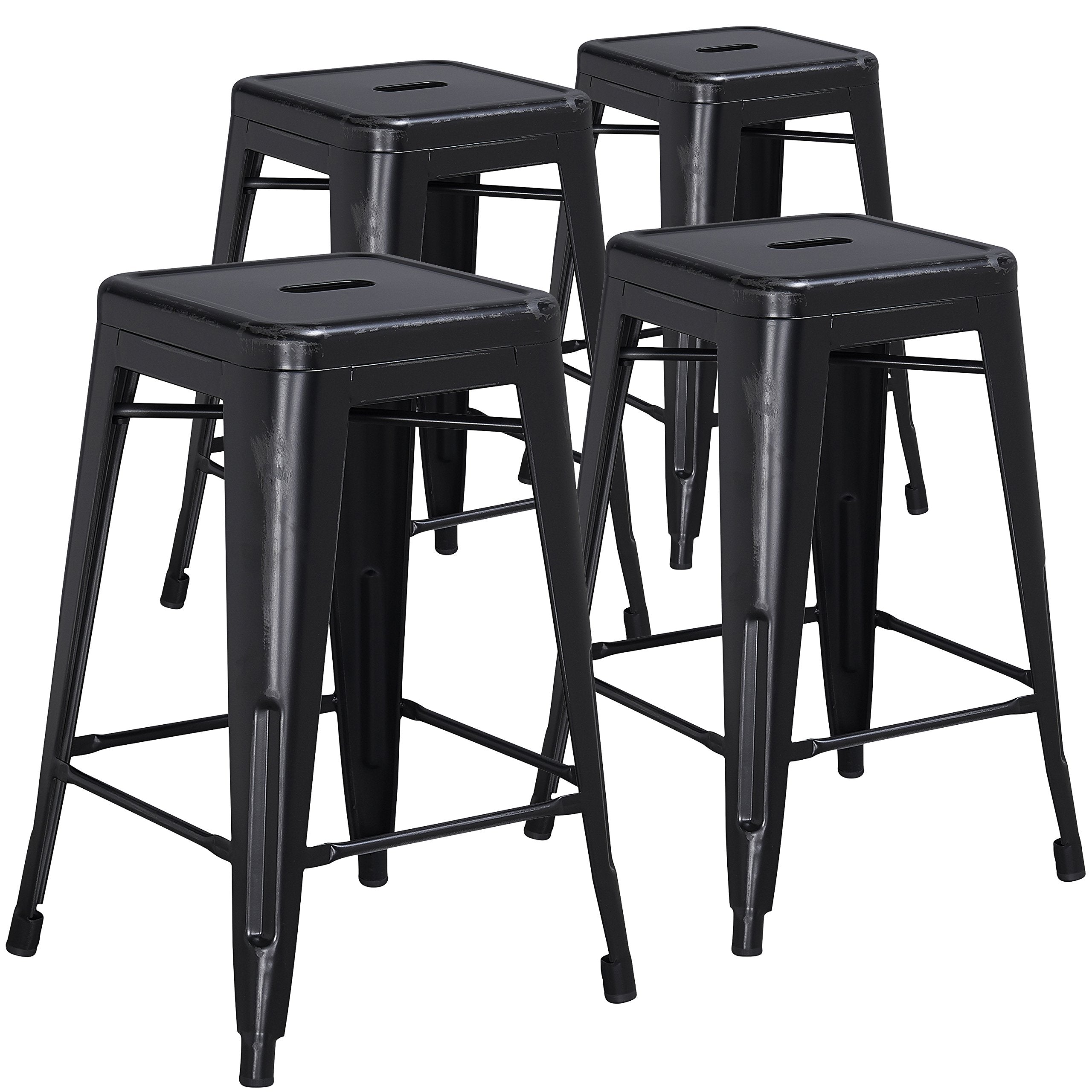 4 Pk. 24 High Backless Distressed Black Metal Indoor Counter Height Stool